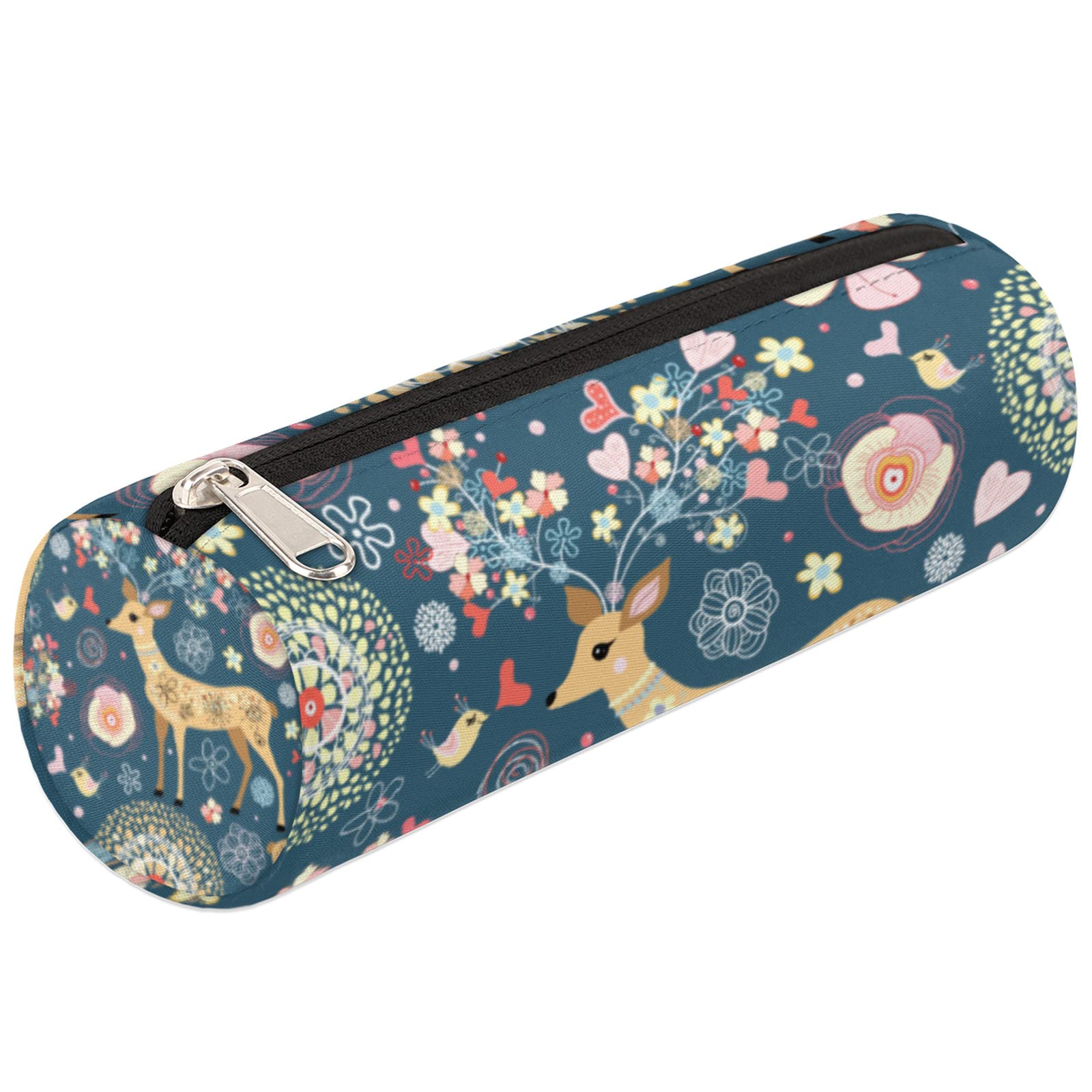 Flower Deer Bird Canvas Pencil Case for Pen Pouch Bag, Durable Compact with Zipper Round Pencil Case, Stationery Organizer Bag Purse for Kids Girls Boys School Adults Office