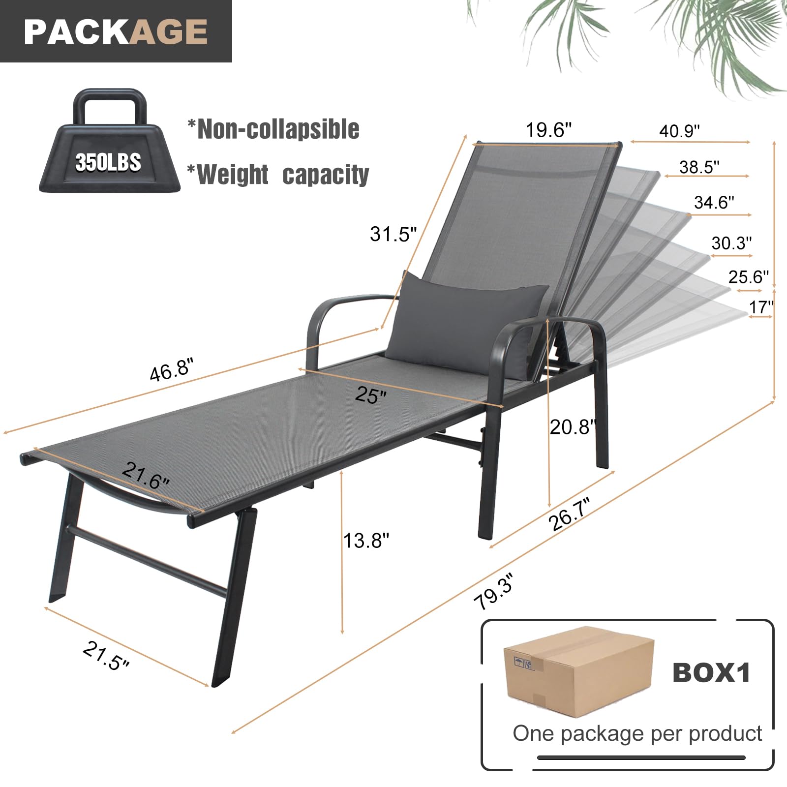 CHINNLUU Outdoor Chaise Lounge Chair Set of 2 Adjustable Pool Lounge Chairs with Lumbar Pillow Outside Tanning Chairs for Beach Deck Backyard Lawn