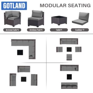 Gotland 7-Piece Outdoor Patio Furniture Set - All-Weather PE Rattan Sectional Wicker with Replaceable Grey Waterproof Cushions & Coffee Table