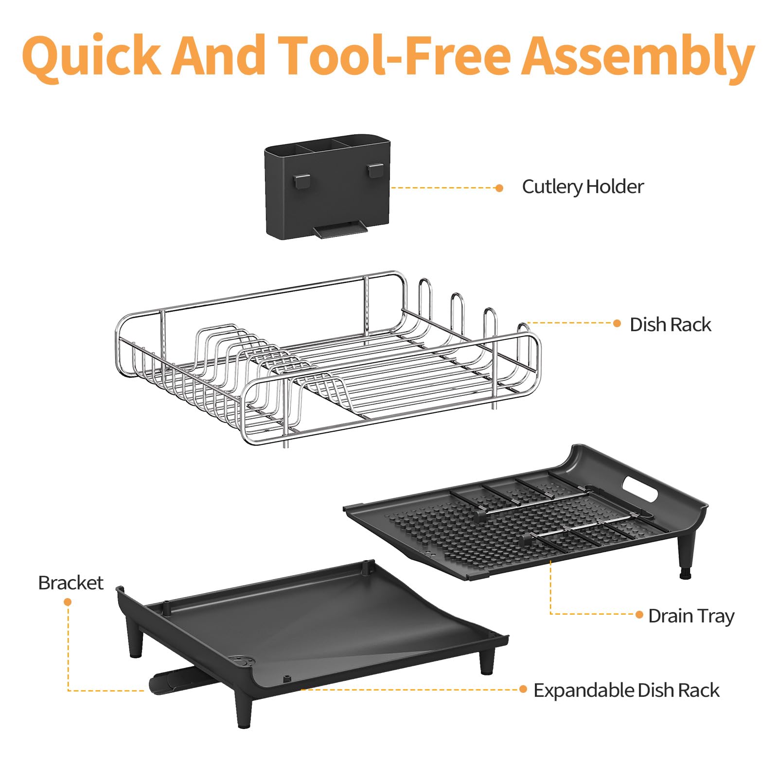 TOOLF Expandable Dish Drying Rack - Extendable Dish Rack for Kitchen Counter, Large Collapsible Countertop Dish Drainer with Pan & Pot Holder, Stainless Steel Dish Strainer with Cup & Utensil Holder