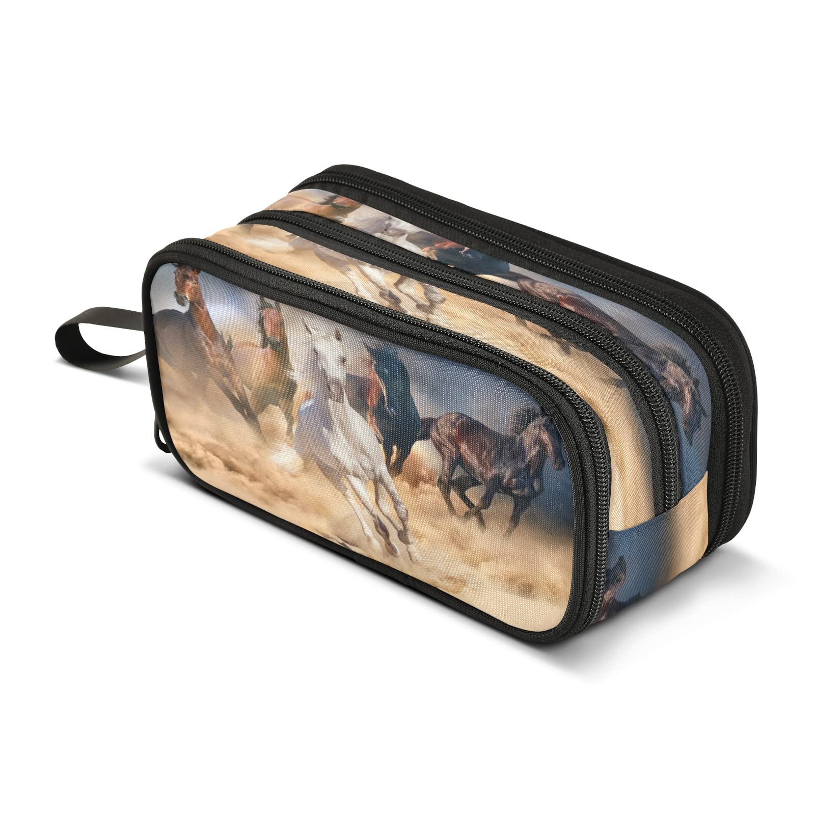 Running Horse Big Capacity Pencil Case 3 Compartment Pen Bag Pouch Holder Box for Office College School Portable Storage Bag for Kids