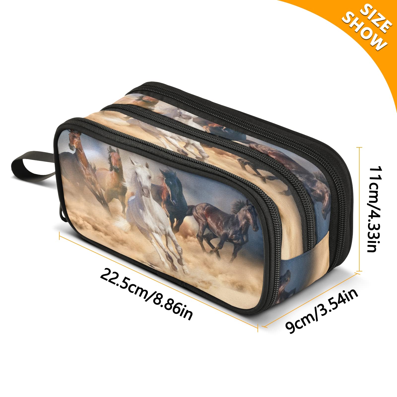 Running Horse Big Capacity Pencil Case 3 Compartment Pen Bag Pouch Holder Box for Office College School Portable Storage Bag for Kids