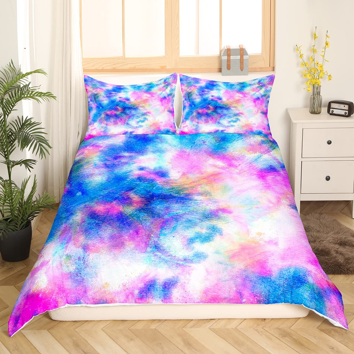 Tie Dyed Bedding Set Boho Tie Dye Comforter Cover for Kids Boys Girls Teens Hippie Dreamy Blue Pink Purple Duvet Cover Breathable Psychedelic Bohemian Gypsy Bedspread Cover Quilt Cover 3Pcs Full