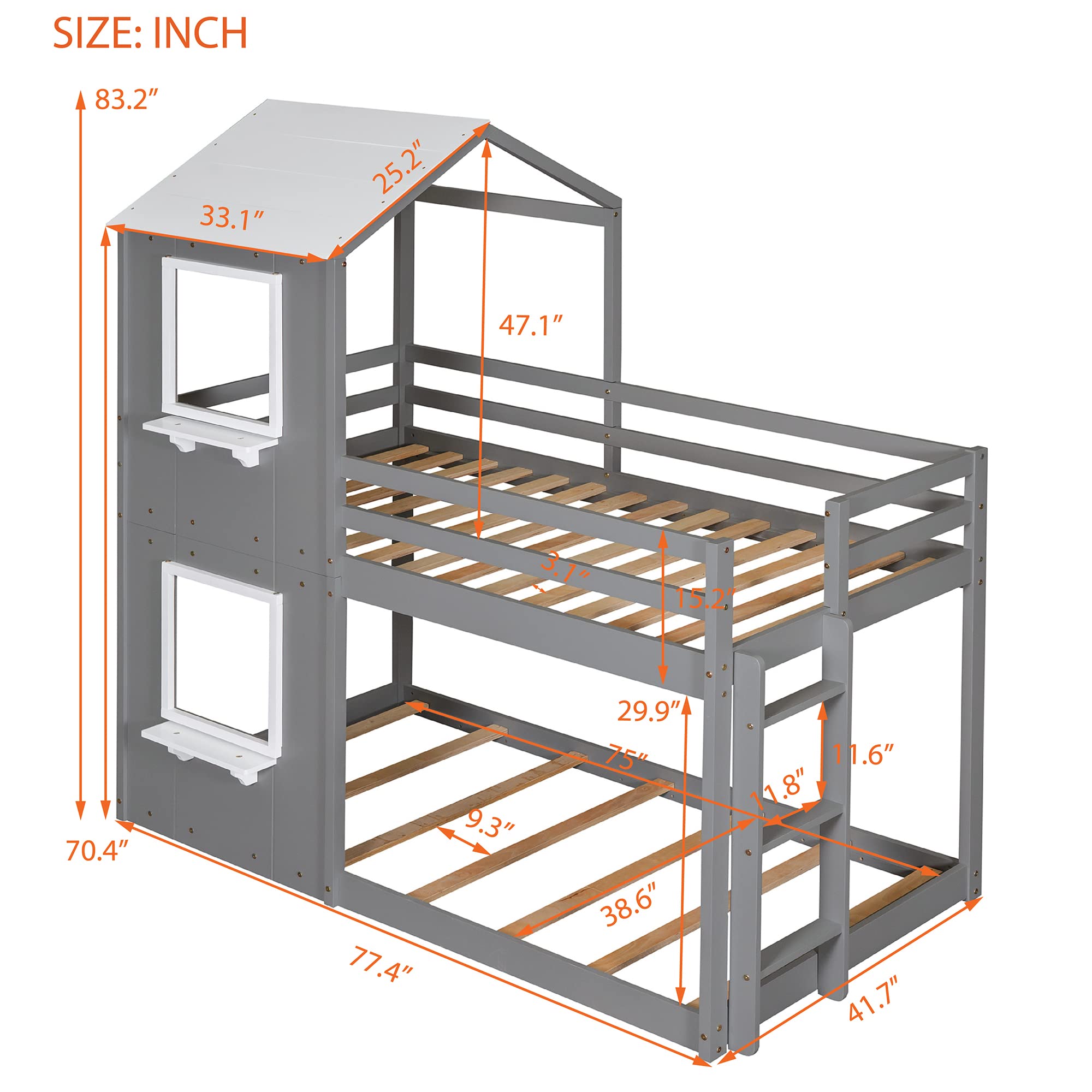 MERITLINE Twin Over Twin House Bunk Bed, Wood Low Floor Bunk Bed Frame with Roof, Window and Full Length Guardrail for Kids, Teens, No Box Spring Needed (Grey)