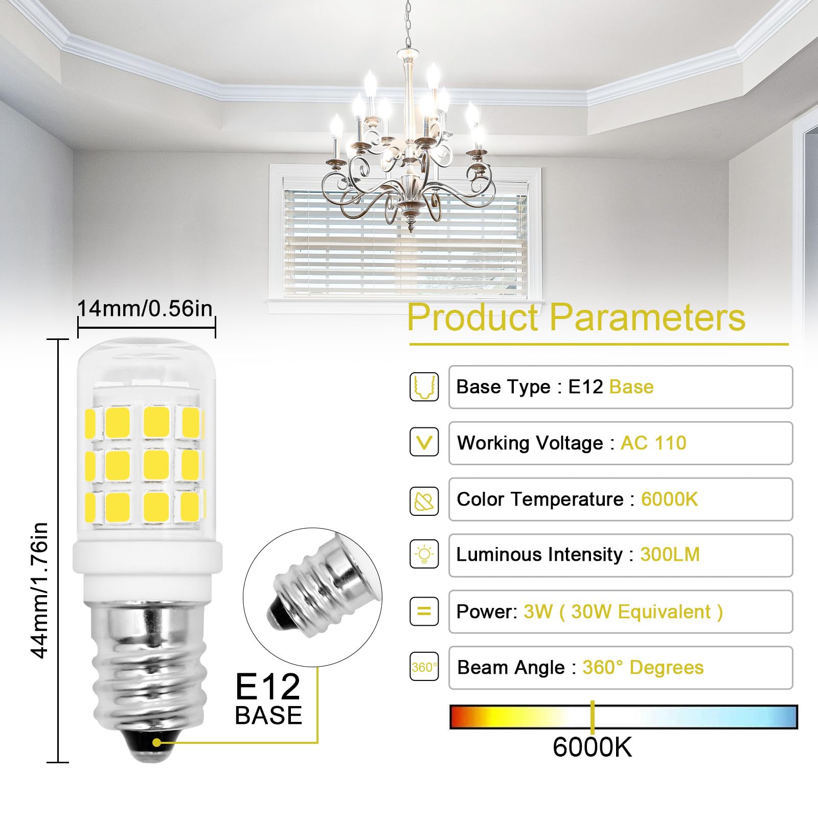 LFLAMPON E12 LED Candelabra Base Small Light Bulb 3W Equivalent 25-30W Incandescent 6000K Cool White Light Bulbs 120V 300LM Non Dimmable for Chandelier,Salt Lamps, Desk Lamp Ceiling Fan(6 Pcs)