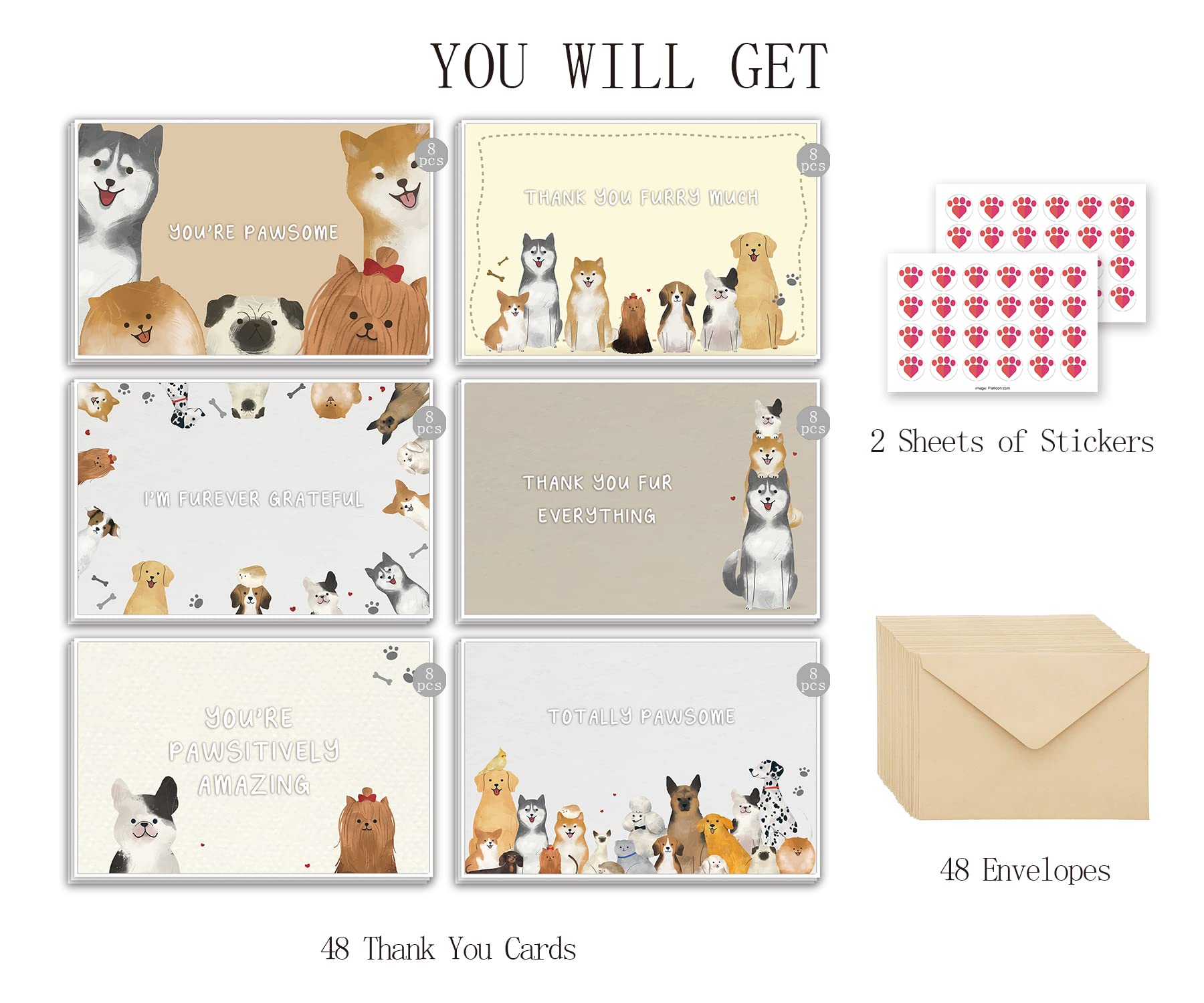 48 Dog Thank You Card Set, Dog Pun Note Cards Pack with Envelopes, Puppy Greeting Notecards Bulk, Cute Boxed Assortment Quip Cards for Gratitude, Recognition, Appreciation, 4 x 6 in