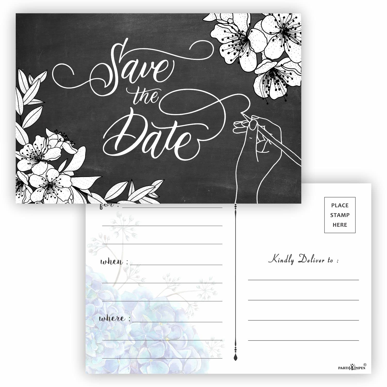 PARTH iMPEX Save The Date Postcards - (Pack of 50) 4" x 6" with Mailing Side for Wedding Engagement Anniversary Bridal Baby Shower Birthday Invitation Event Reminder Cards - Chalkboard