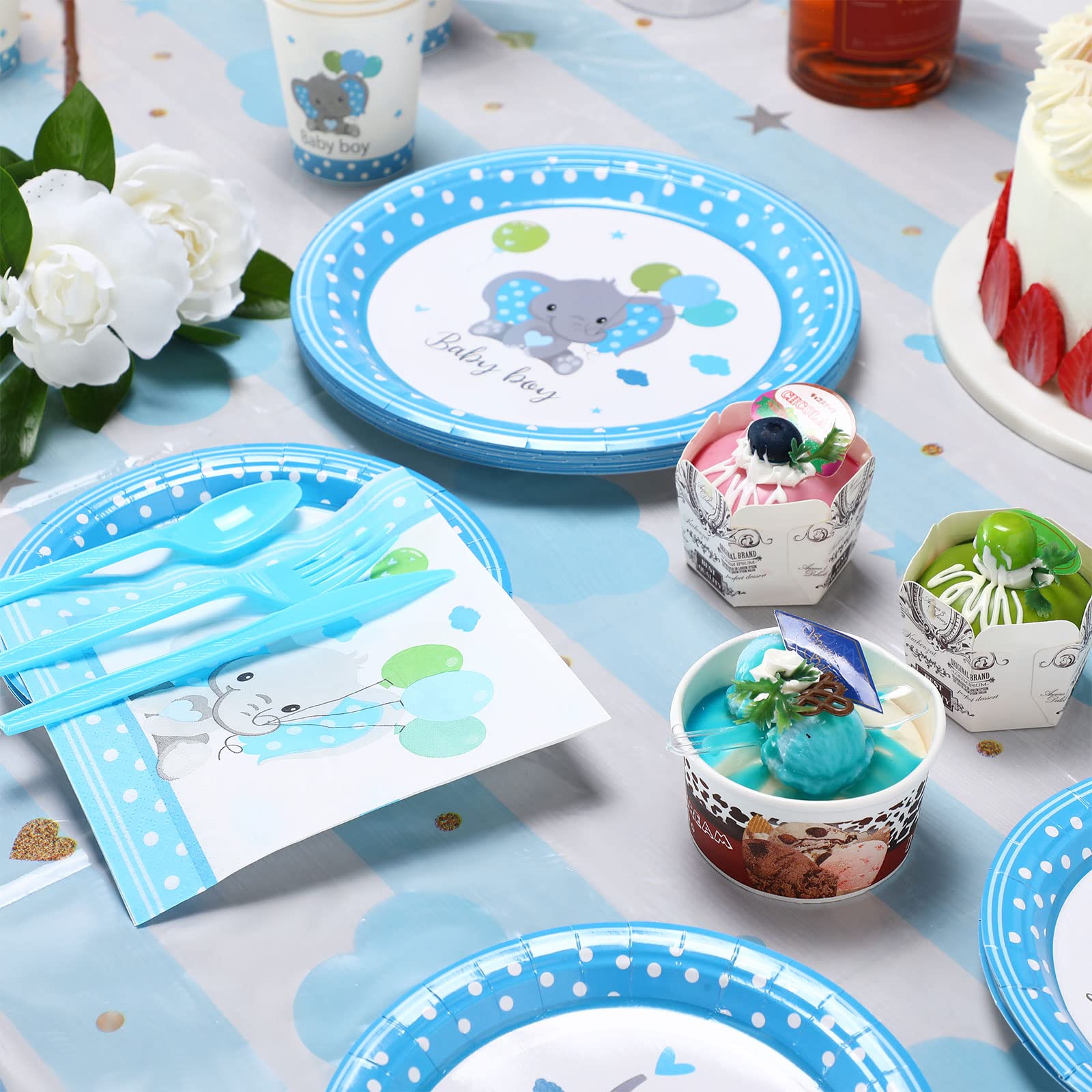 171 Pcs Elephant Theme Baby Shower Decorations for Boys It's a Boy Banners Blue Plate Napkins Cups Disposable Forks Tableware Tablecloth Elephant Decorations Set for Girl Birthday Party, Serves 24