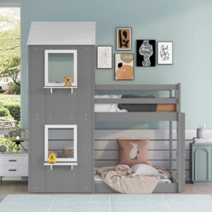 MERITLINE Twin Over Twin House Bunk Bed, Wood Low Floor Bunk Bed Frame with Roof, Window and Full Length Guardrail for Kids, Teens, No Box Spring Needed (Grey)