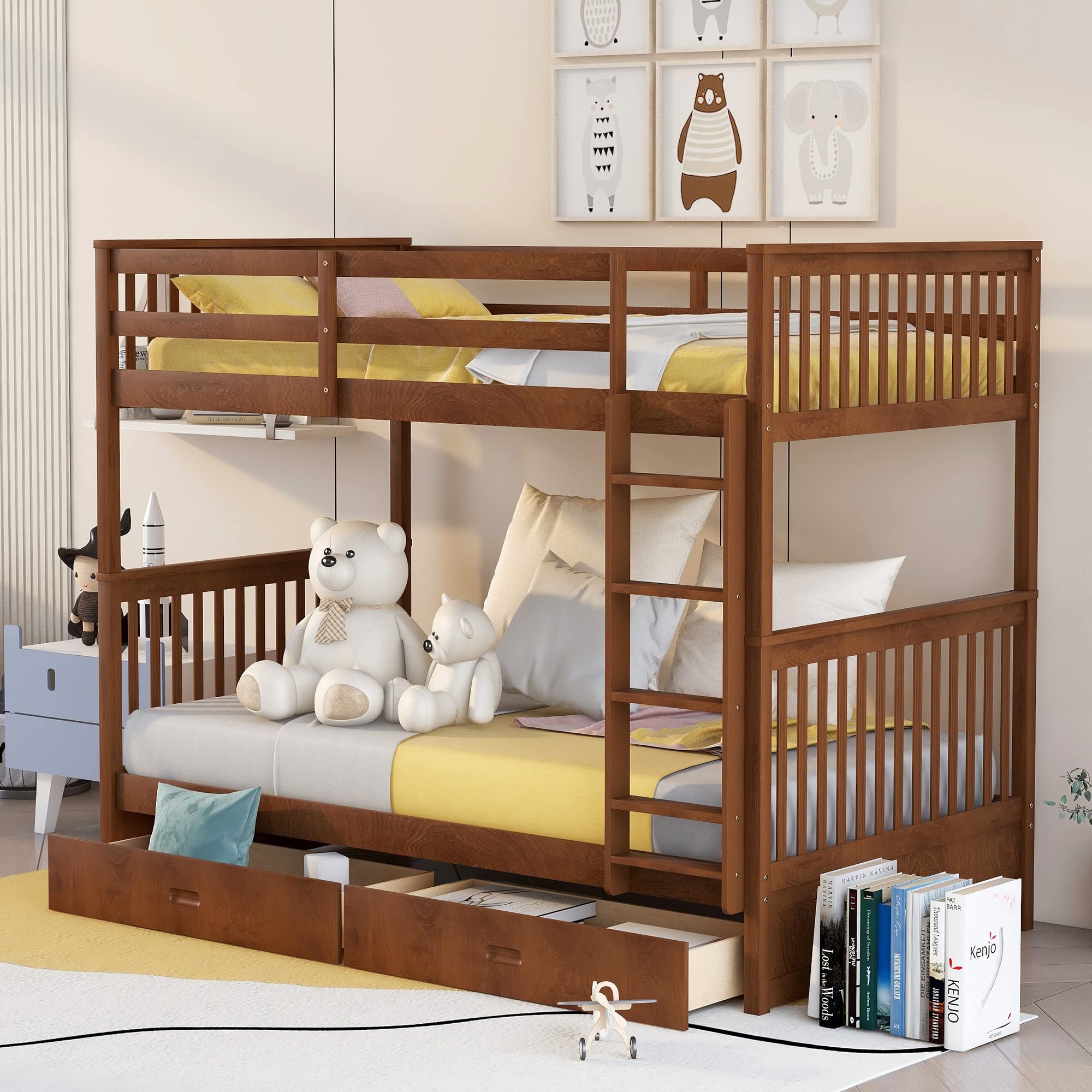 Harper & Bright Designs Twin Over Twin Bunk Beds with 2 Storage Drawers, Solid Wood Convertible Bunk Beds, Kids Twin Bunk Beds with Ladder, Safety Rail for Girls Boys Teens Adults,Walnut