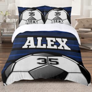 XIUCOO Personalized Soccer Ball Blue Duvet Cover Sets with Name Bedding Set 3 Pcs Quilt Cover with Zipper for Adult Birthday Gift,Queen Size