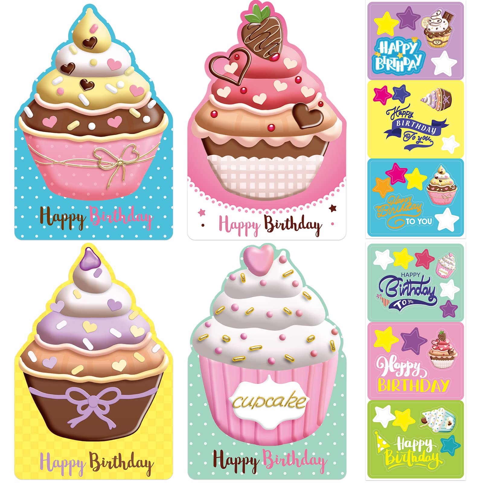 ceiba tree Birthday Cards 18 Pack Assortment Cupcake Shaped Greeting Card Notes DIY Happy Birthday Cards with Envelopes and Stickers