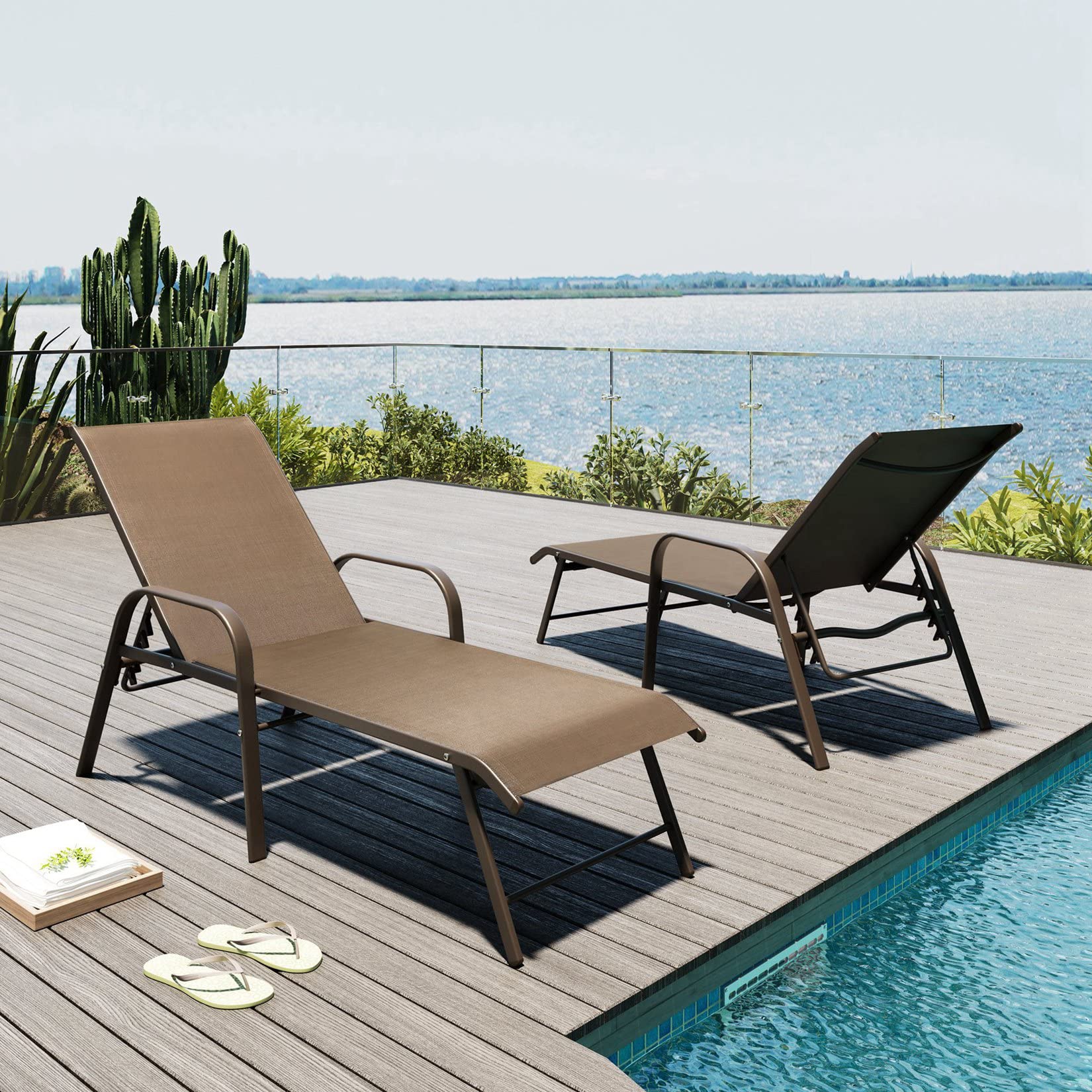 Pellebant Aluminum Pool Lounge Chairs Set of 2, Patio Chaise Lounge with Adjustable Backrest & Armrest, Heavy Duty Pool Lounge Chairs for Outside, Lawn, Yard, Patio, Pool(2pcs,Brown)