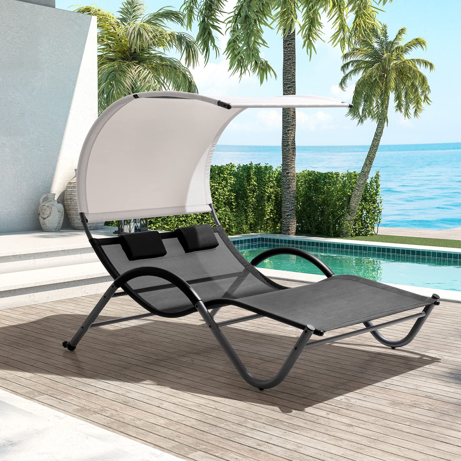 Crestlive Products Outdoor Double Chaise Lounge with Canopy, Wheels and Headrests, 2 Person Patio Rocking Lounge Chair for Poolside, Backyard, Garden (Gray)