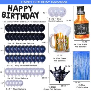 Black and Blue Party Decorations, Happy Birthday Decorations for Men Women Birthday Black Party Decor with Foil Fringe Curtains and Crown, Party Supplies for 25th 30th 35th 40th 45th 50th 60th 65th