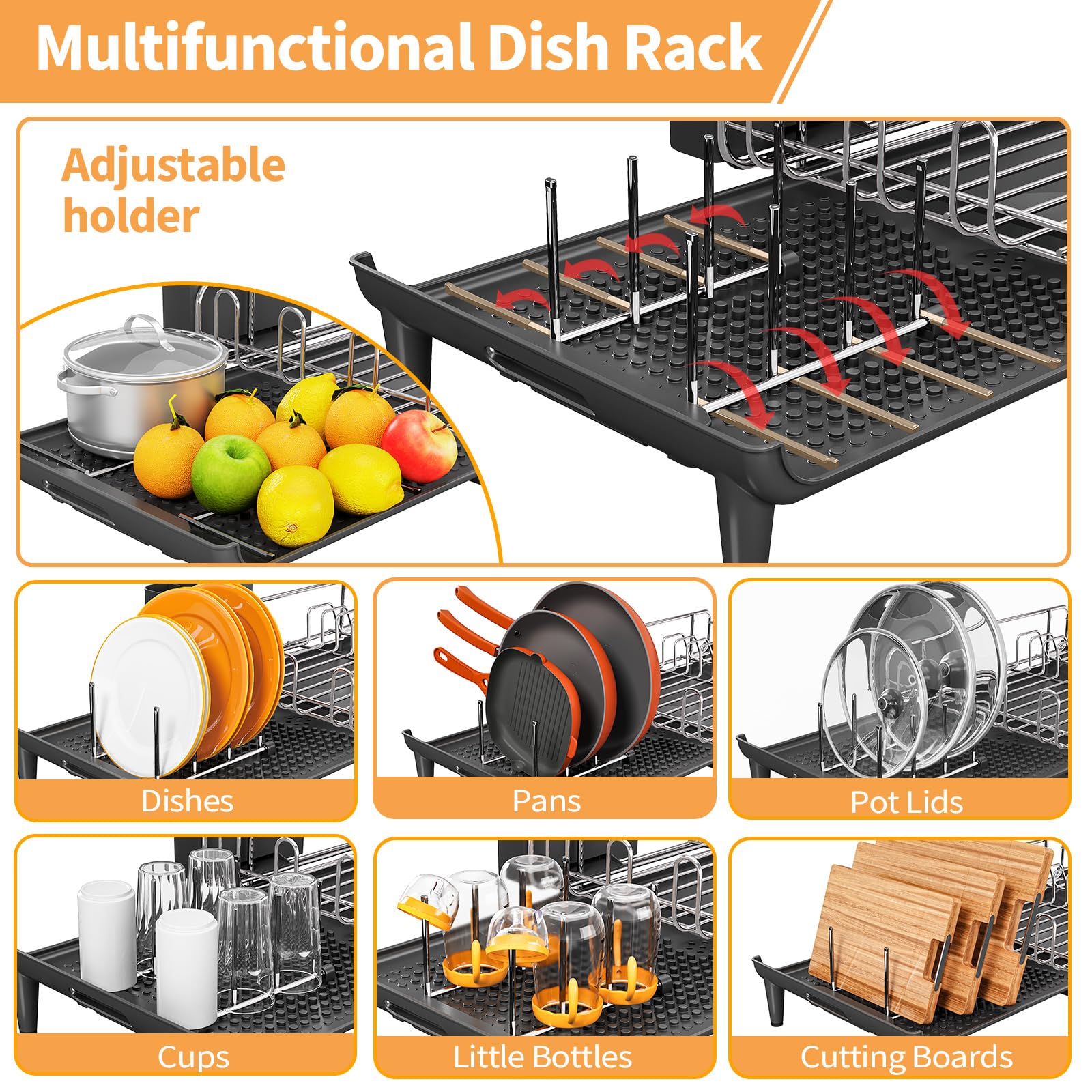 TOOLF Expandable Dish Drying Rack - Extendable Dish Rack for Kitchen Counter, Large Collapsible Countertop Dish Drainer with Pan & Pot Holder, Stainless Steel Dish Strainer with Cup & Utensil Holder