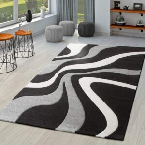 grey black area rug with contour cut and modern wave pattern, size: 6'7" x 9'6"