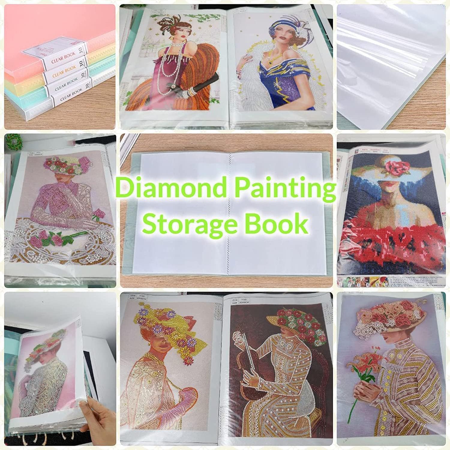 A3 30 Pags Diamond Painting Storage Book, Painting Storage Book 30 Clear Pockets Sleeves Protectors Art Portfolio Book, Display Book, Clear View A3 Document Folder for Painting Presentation (Green)