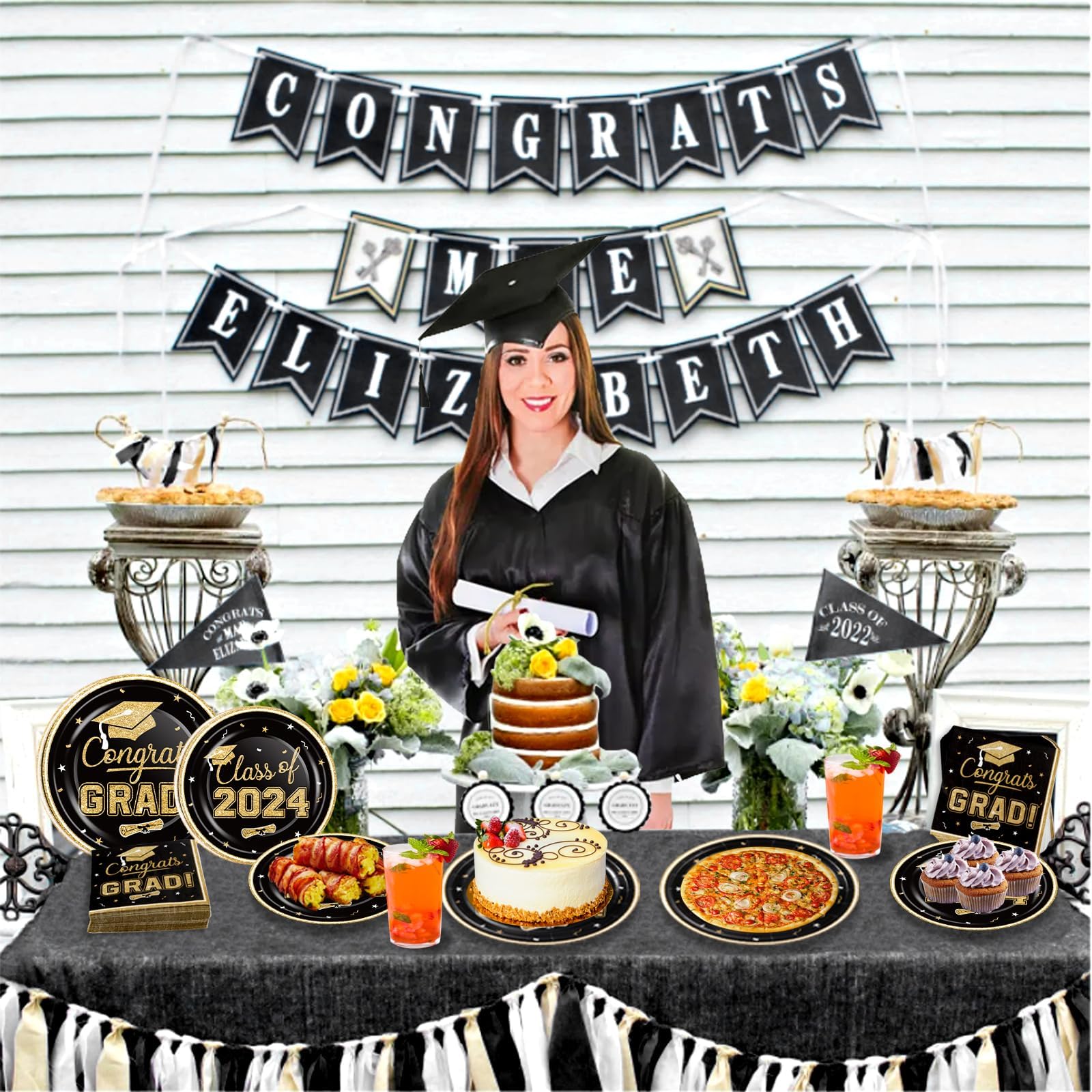 OuMuaMua Graduation Party Supplies 2024 Dinnerware Set - Blue Gold Graduation Plates and Napkins Class of 2024 Disposable Tableware for College High School Congrats Graduation Party Favors, Serve 50