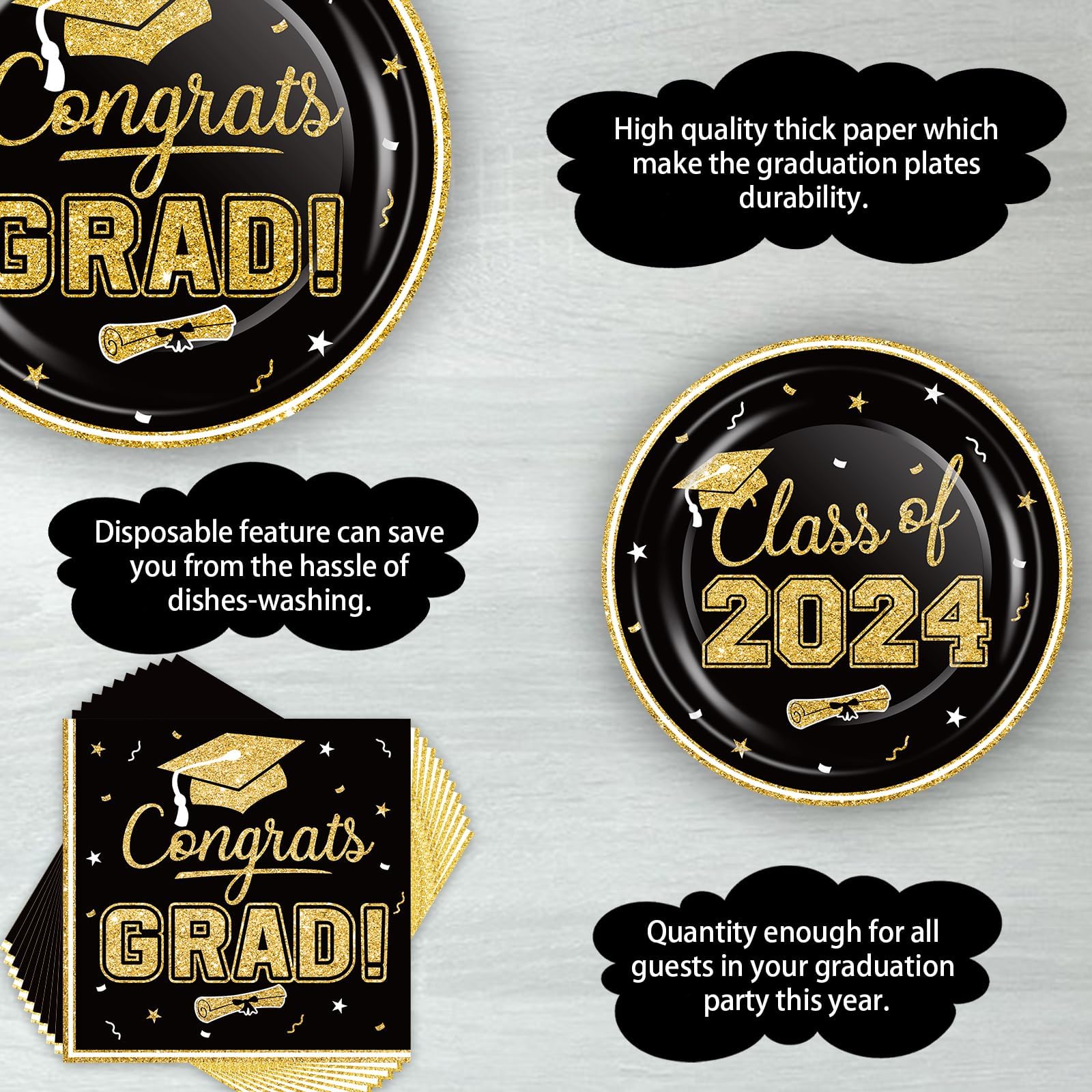 OuMuaMua Graduation Party Supplies 2024 Dinnerware Set - Blue Gold Graduation Plates and Napkins Class of 2024 Disposable Tableware for College High School Congrats Graduation Party Favors, Serve 50