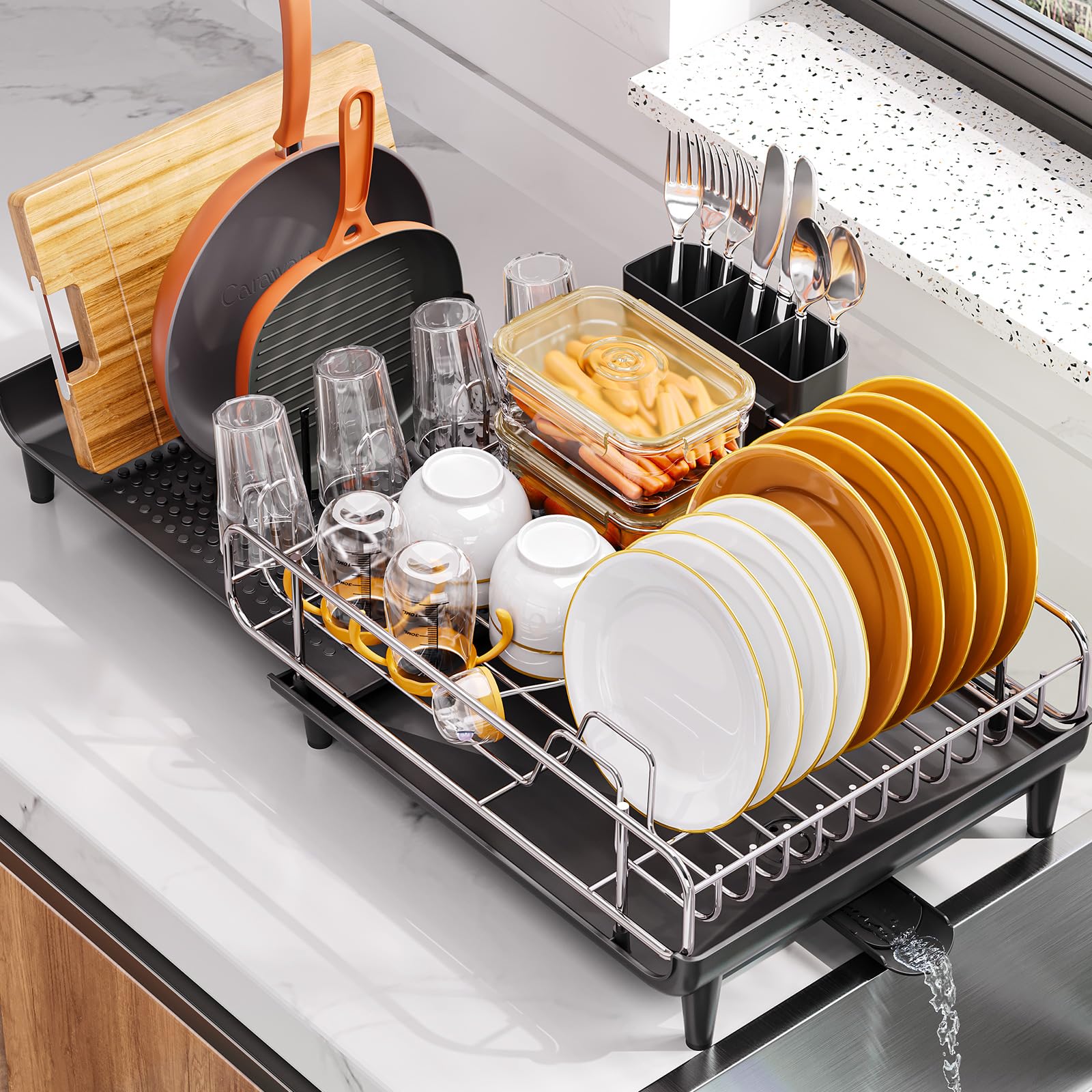 TOOLF Expandable Dish Drying Rack - Extendable Dish Rack for Kitchen Counter, Large Collapsible Countertop Dish Drainer with Pan & Pot Holder, Stainless Steel Dish Strainer with Cup & Utensil Holder