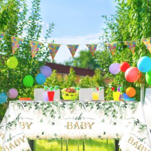 3 Pieces Sage Greenery Oh Baby Tablecloths for Baby Shower Party Decorations Plastic Disposable Gold Foil Eucalyptus Leaf Table Covers for Rectangle Tables Sage Boho Woodland Neutral Party Supplies