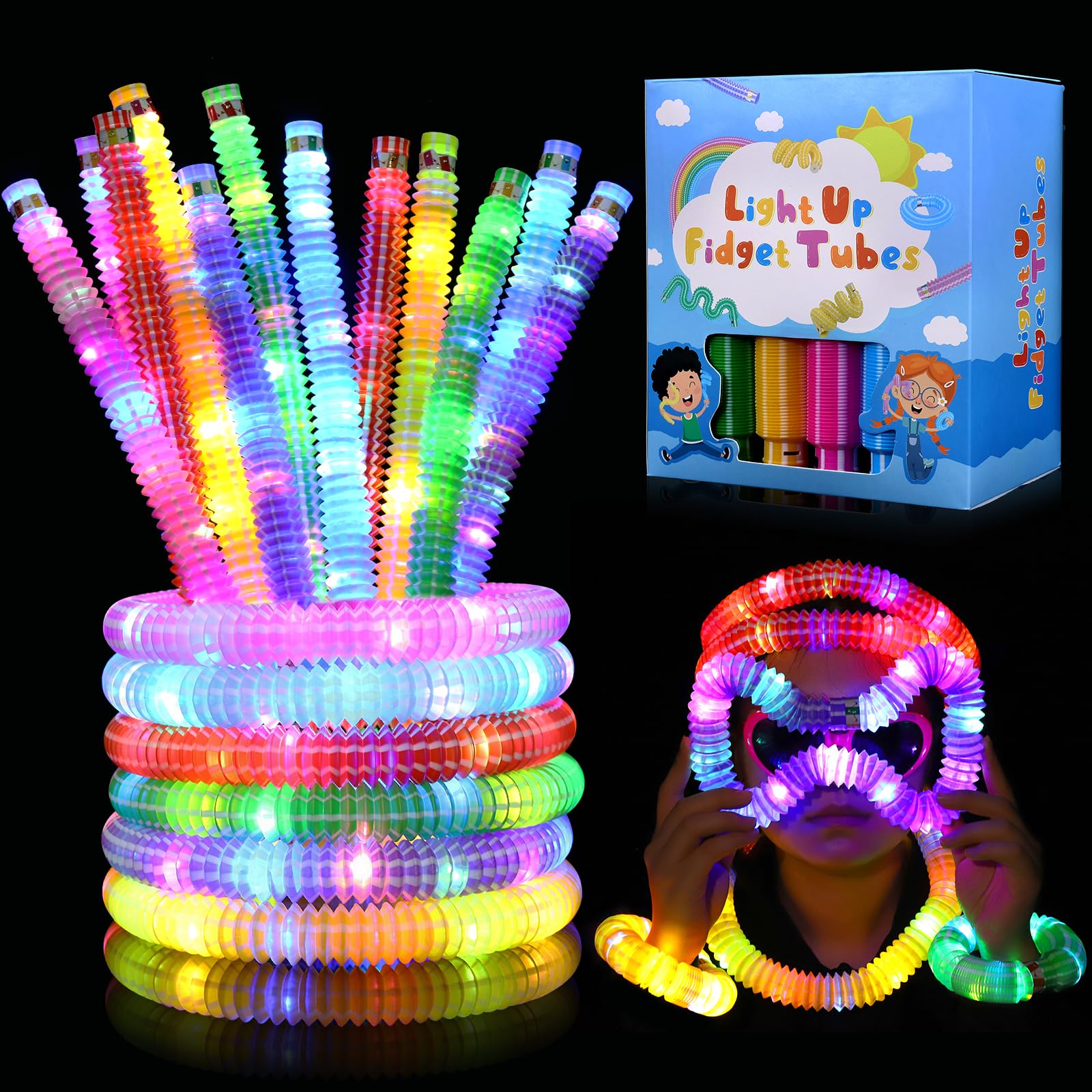 Gigilli 24 Pack Glow Sticks Party Favors for Kids 4-8-12, Christmas Stocking Goodie Bags Stuffers Light up Pop Tubes, Bulk Glow Necklace Bracelet Birthday New Years Eve Glow in the Dark Party Supplies