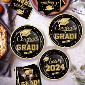 OuMuaMua Graduation Party Supplies 2024 Dinnerware Set - Blue Gold Graduation Plates and Napkins Class of 2024 Disposable Tableware for College High School Congrats Graduation Party Favors, Serve 50