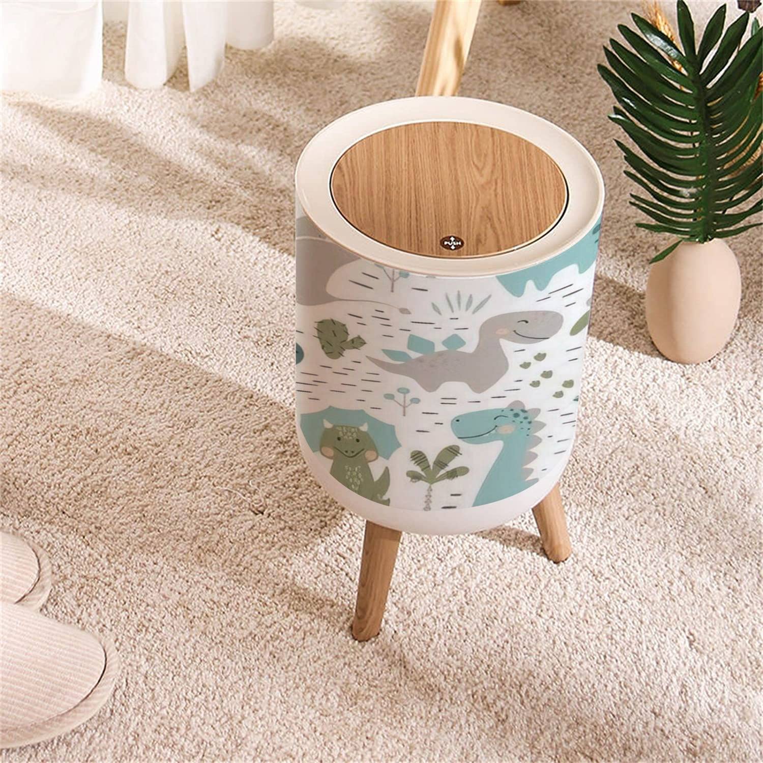 KCDCYCZEAL Small Trash Can with Lid Dinosaur Baby boy Seamless Sweet Dino with Palm and Cactus Round Recycle Bin Press Top Dog Proof Wastebasket for Kitchen Bathroom Bedroom Office 7L/1.8 Gallon