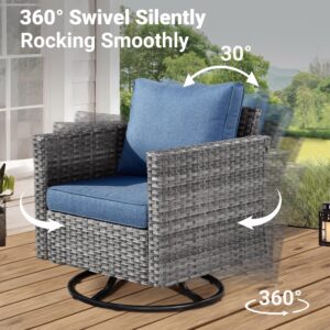 ovios Patio Bistro Set, 3 Pieces Outdoor Rocking Swivel Chairs with Side Table, Outdoor Furniture Wicker Rattan Chairs with Comfy Cushions for Garden Porch, Denim Blue