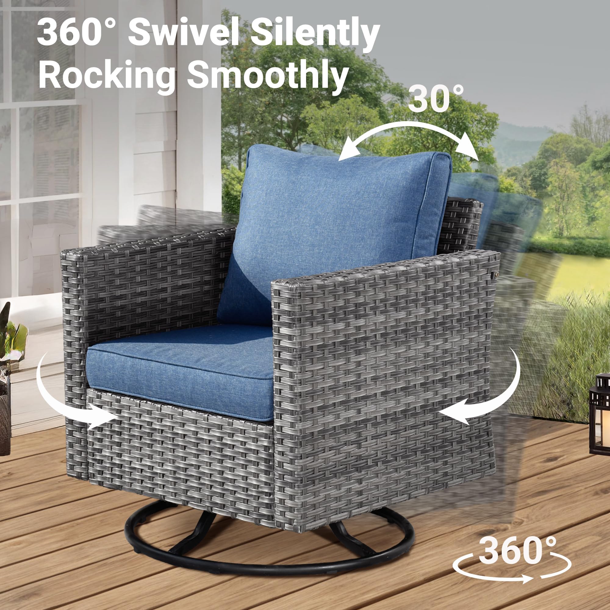 ovios Patio Bistro Set, 3 Pieces Outdoor Rocking Swivel Chairs with Side Table, Outdoor Furniture Wicker Rattan Chairs with Comfy Cushions for Garden Porch, Denim Blue