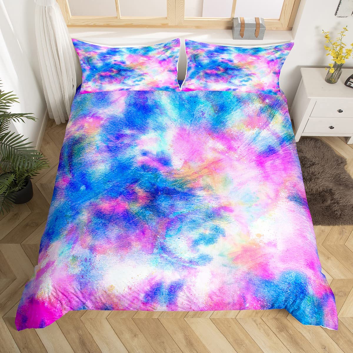 Tie Dyed Bedding Set Boho Tie Dye Comforter Cover for Kids Boys Girls Teens Hippie Dreamy Blue Pink Purple Duvet Cover Breathable Psychedelic Bohemian Gypsy Bedspread Cover Quilt Cover 3Pcs Full