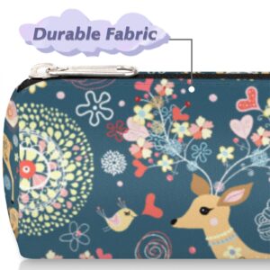 Flower Deer Bird Canvas Pencil Case for Pen Pouch Bag, Durable Compact with Zipper Round Pencil Case, Stationery Organizer Bag Purse for Kids Girls Boys School Adults Office