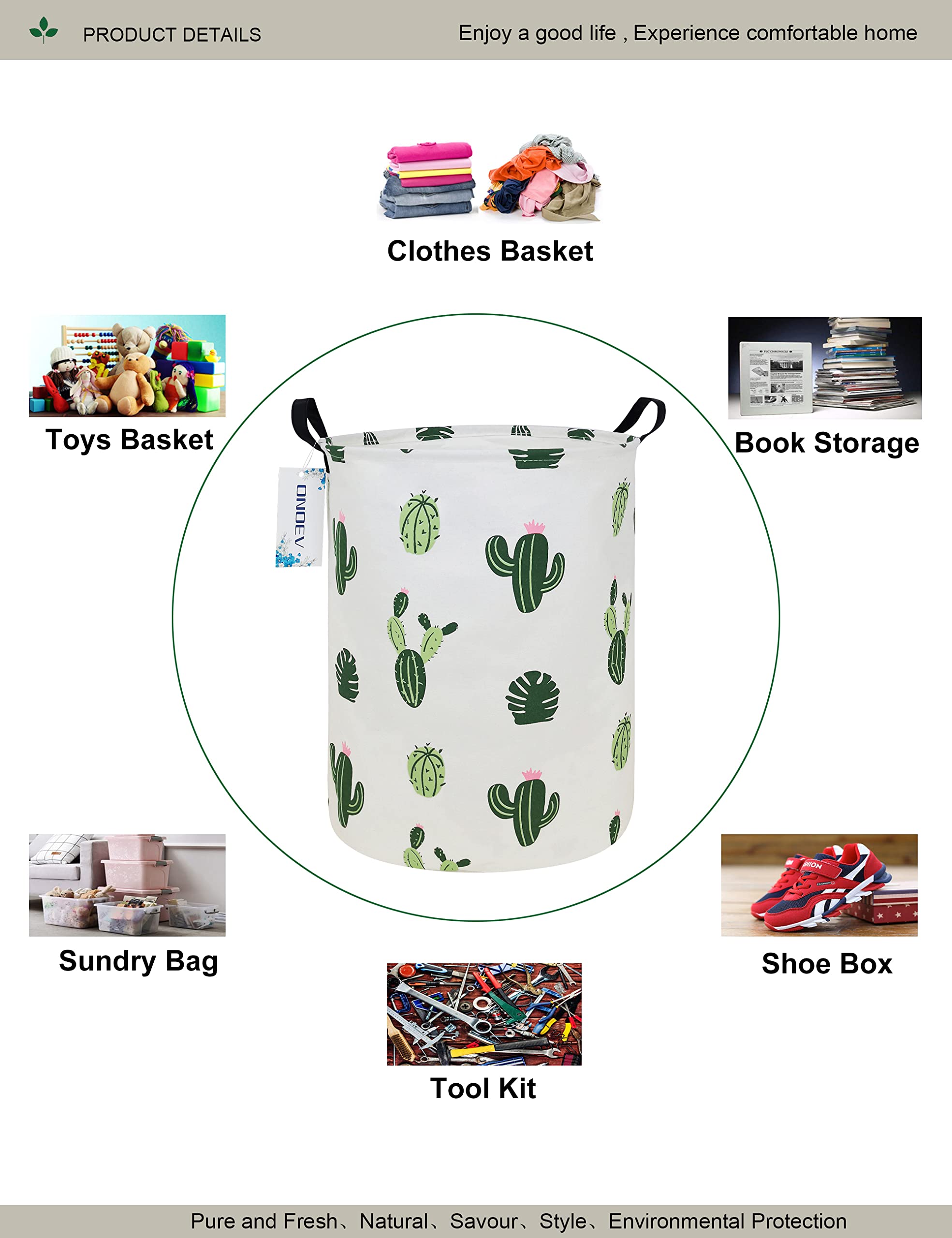 ONOEV Round Fabric Storage Bin,Decorative Basket,Organizer Basket with Handles,for Clothes Storage,books and sundries (Green Cactus), 19.7inch(H) x 15.7inch(D)