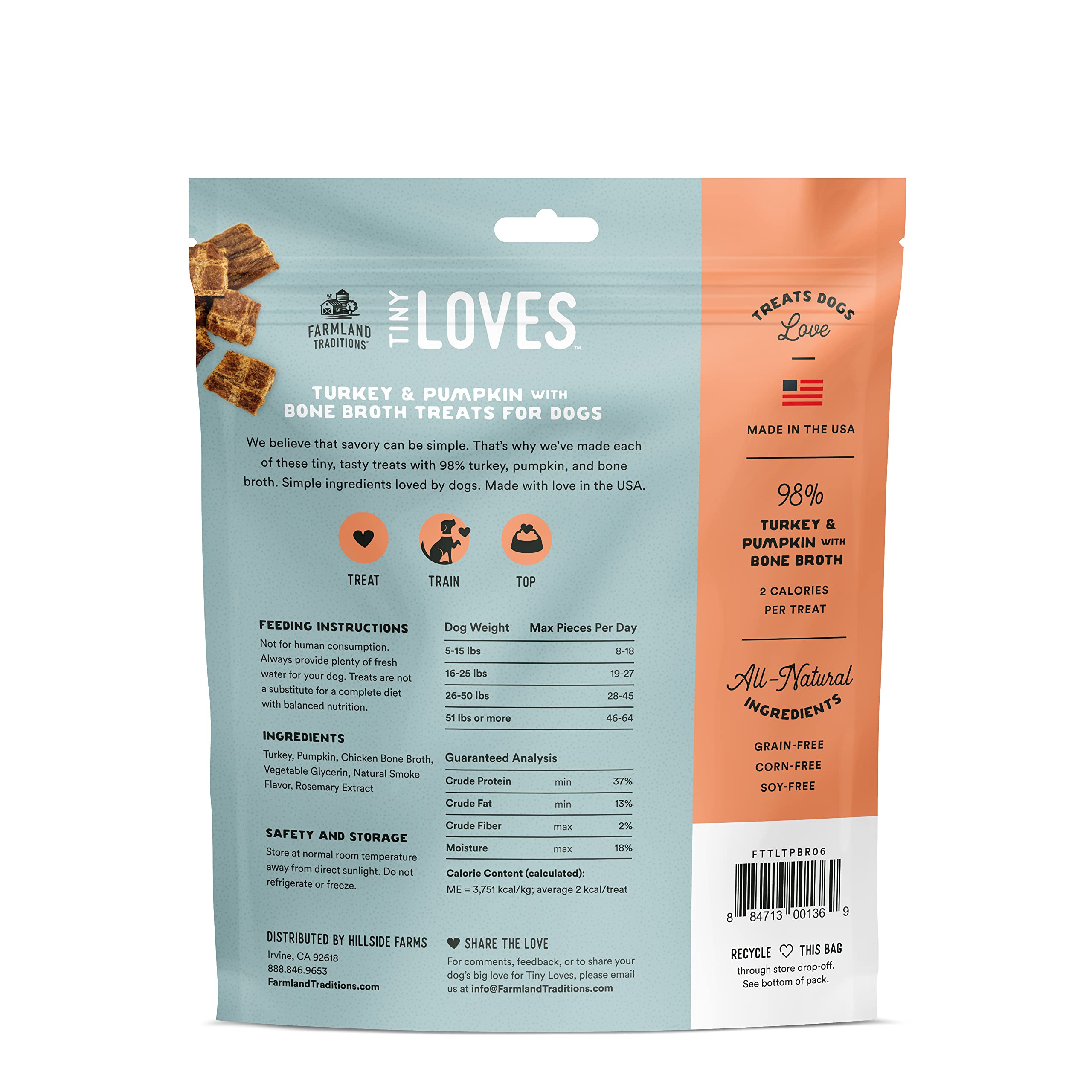 Farmland Traditions Tiny Loves Jerky Trainer Treats for Dogs w/Bone Broth (Turkey & Pumpkin, 6 oz.)