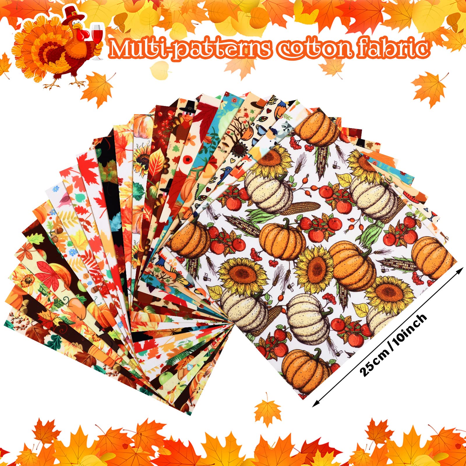 Frienda 20 Pcs Fall Fabric Squares Thanksgiving Autumn Patchwork Fabrics Fat Quarters Fall Fabric Bundles Maple Leaf Turkey Square Fabric for Fall Sewing DIY Crafts