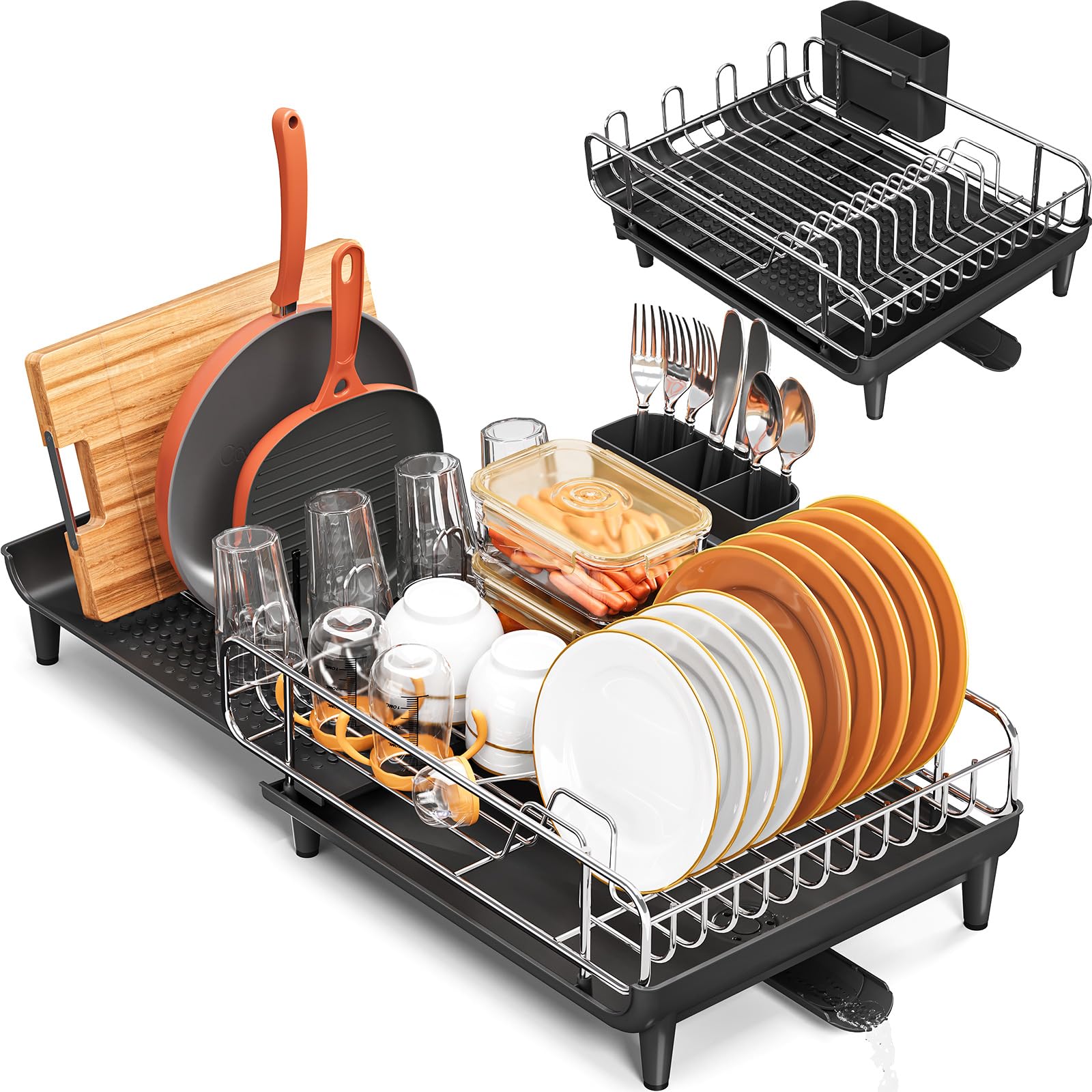 TOOLF Expandable Dish Drying Rack - Extendable Dish Rack for Kitchen Counter, Large Collapsible Countertop Dish Drainer with Pan & Pot Holder, Stainless Steel Dish Strainer with Cup & Utensil Holder