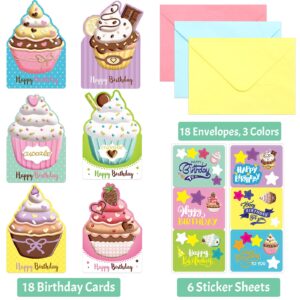 ceiba tree Birthday Cards 18 Pack Assortment Cupcake Shaped Greeting Card Notes DIY Happy Birthday Cards with Envelopes and Stickers