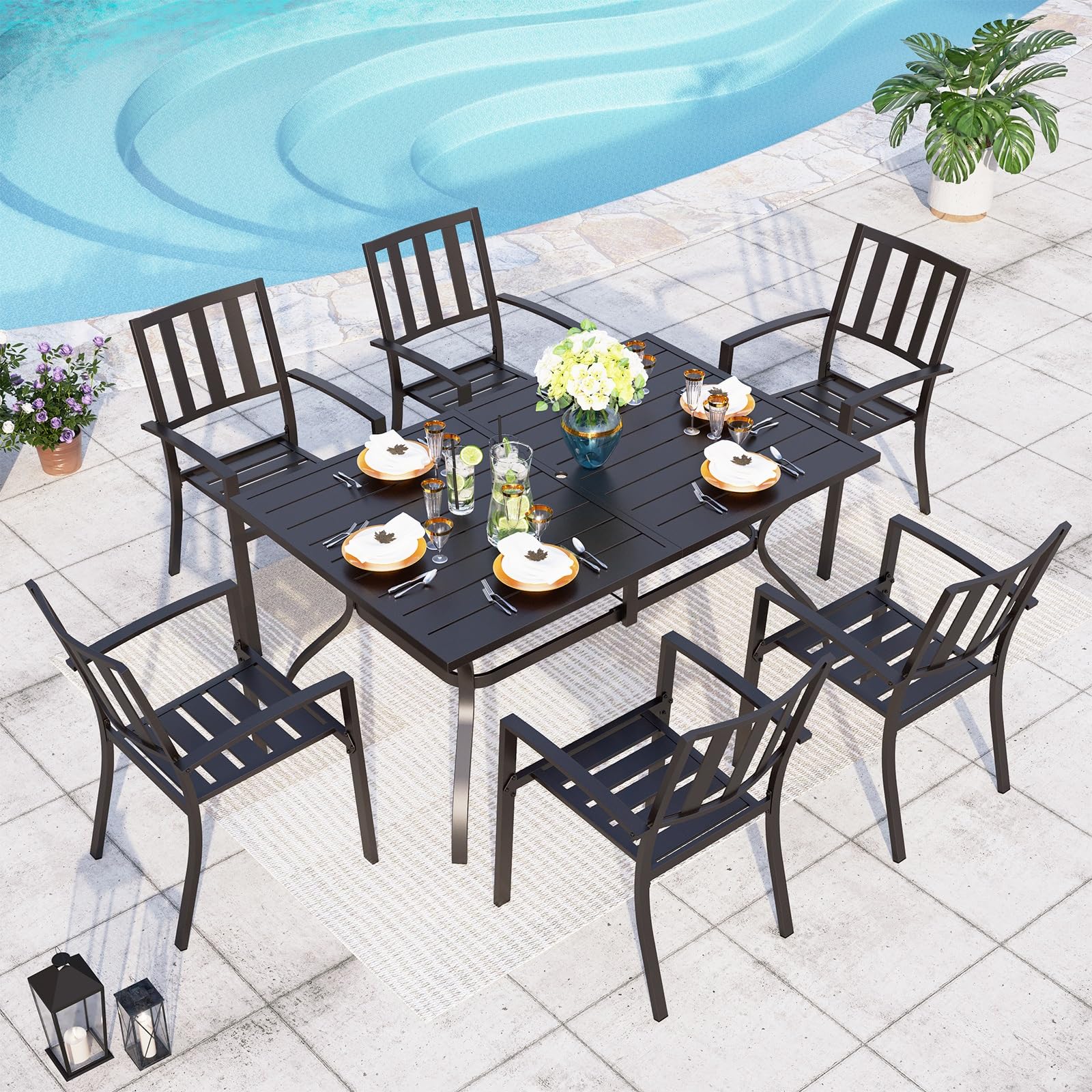 PHI VILLA 7 Piece Metal Outdoor Patio Dining Bistro Sets with Umbrella Hole - 60" x 37.8" Rectangle Patio Table and 6 Backyard Garden Outdoor Chairs,Black