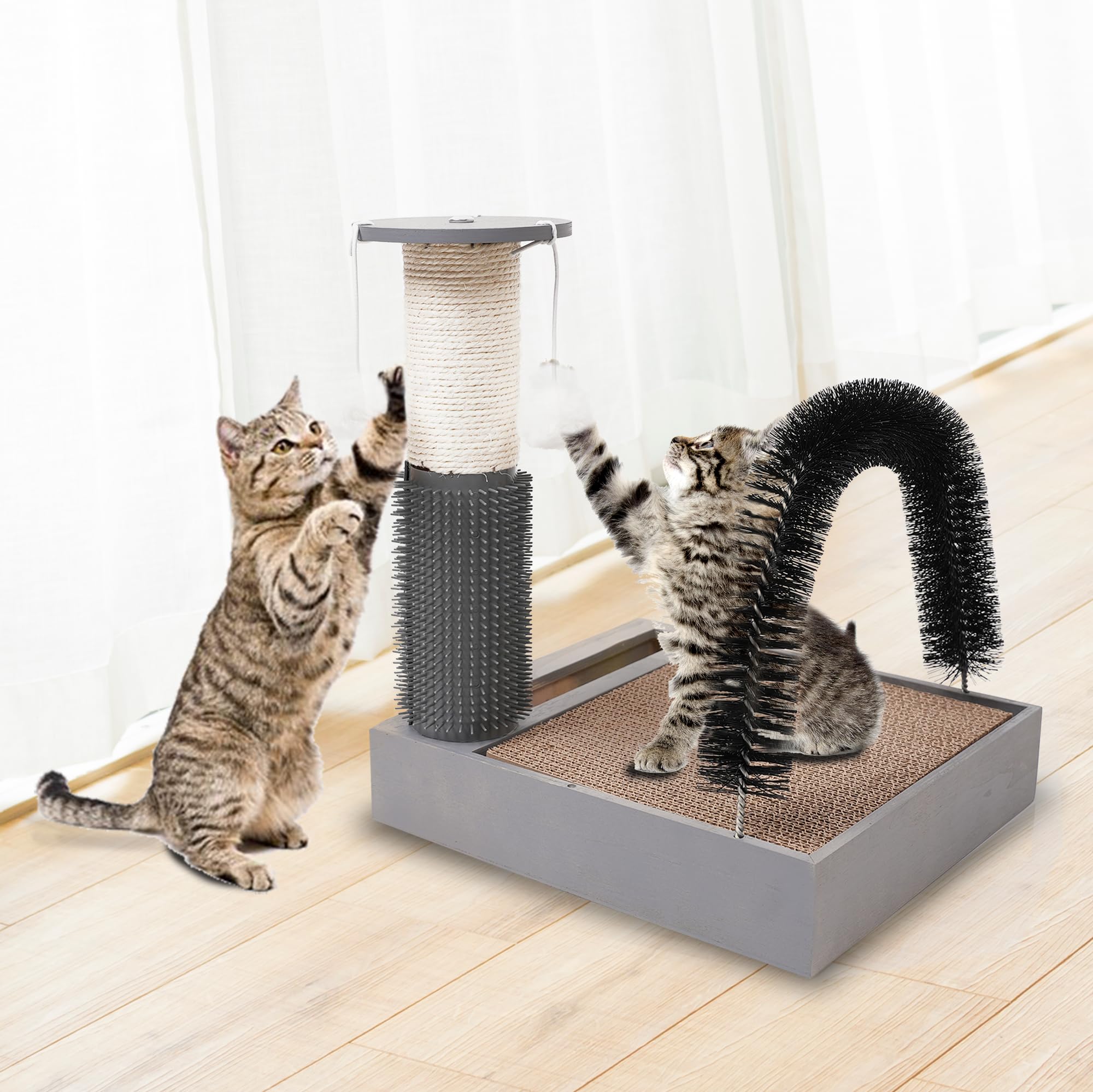 Cat Scratching Post with Cat Tower Tree and Cats Arch Self Groomer Massager Brush Kitty Ball Toys for Kittens,Cat Posts and Scratchers for Indoor Pets,Interactive Toy with Ball Track Spring Ball…