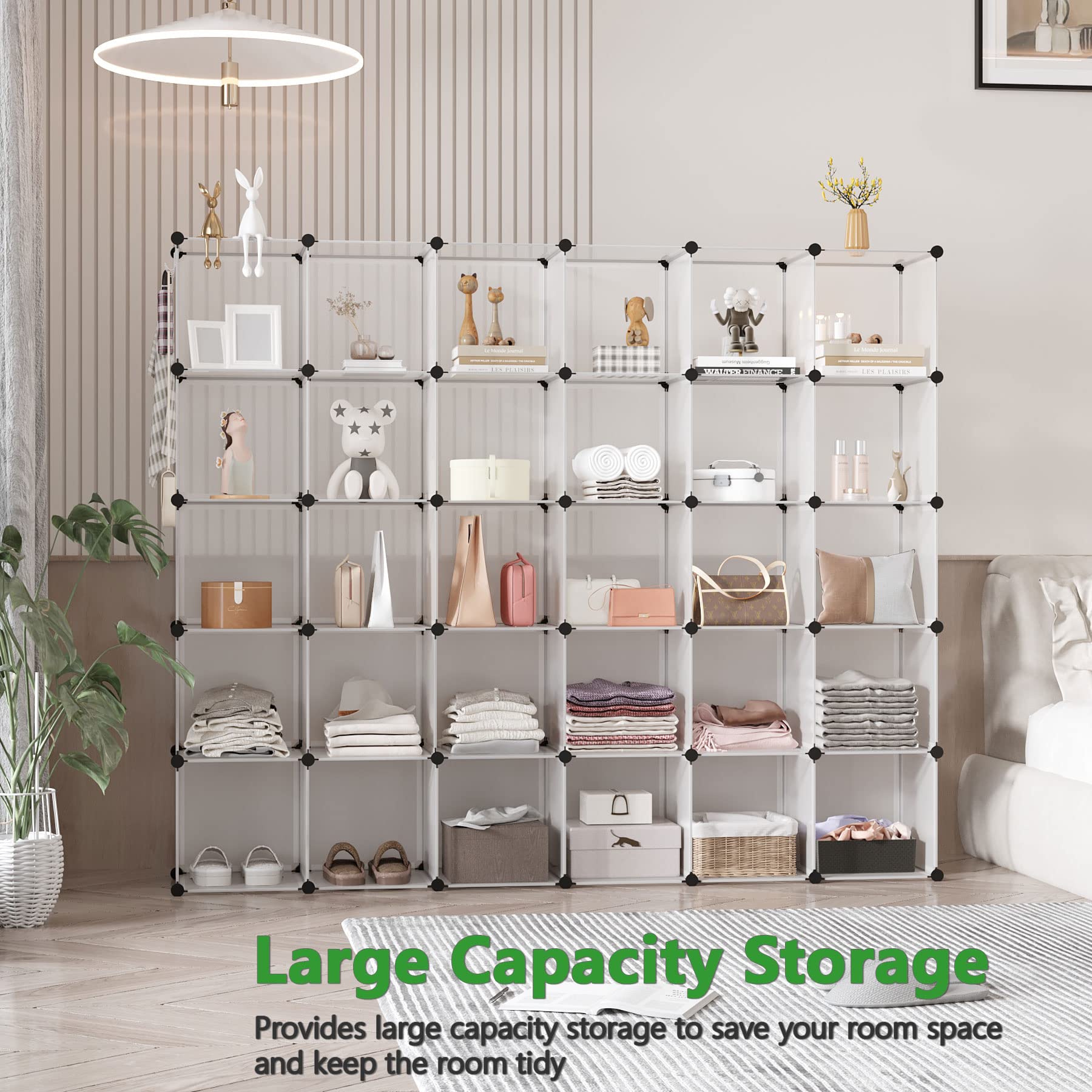 C&AHOME Cube Storage Organizer, 30-Cube Shelves Units, Closet Cabinet, DIY Plastic Modular Book Shelf, Ideal for Bedroom, Living Room, Office, 60.6" L x 12.4" W x 72.6" H Transparent White UPCS30W