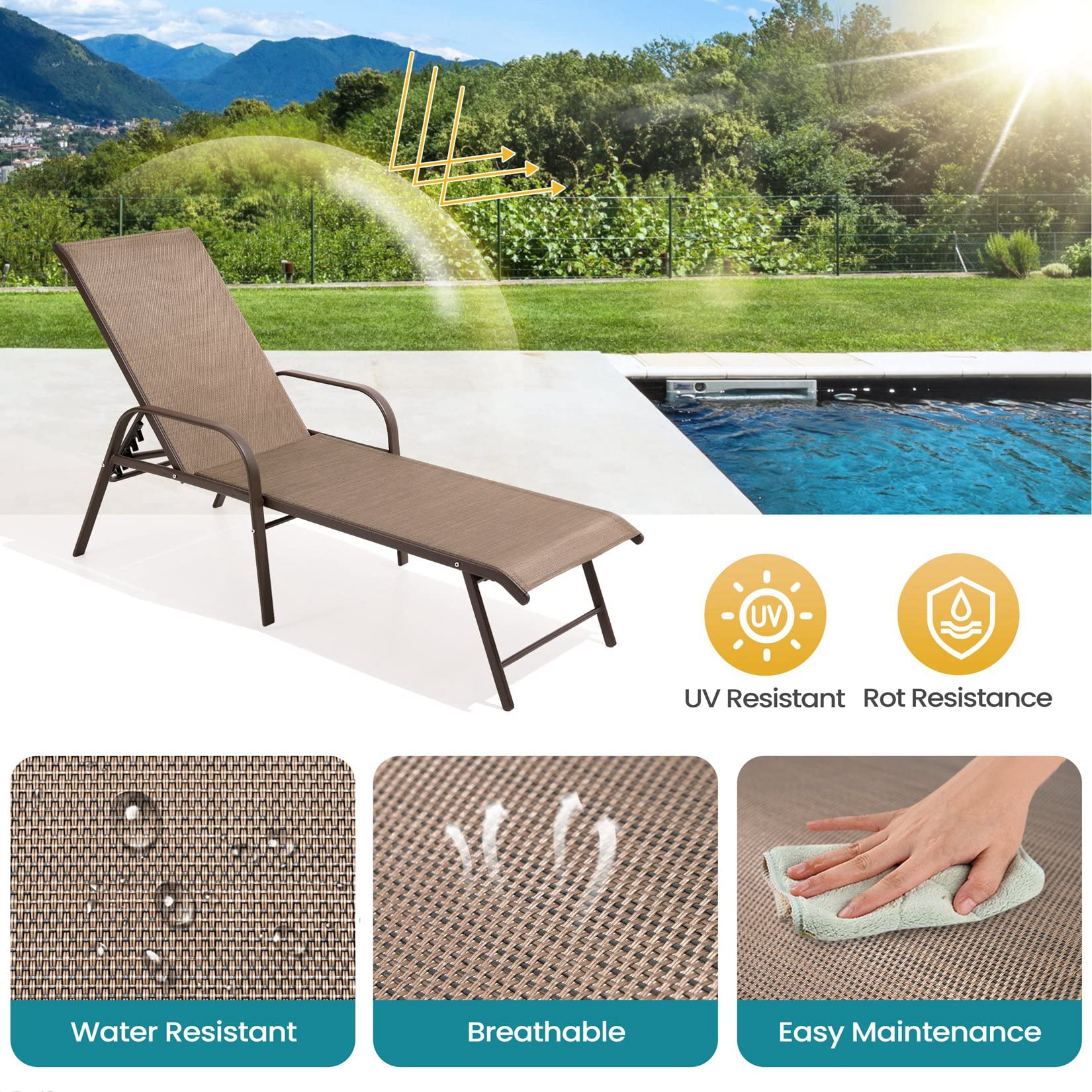 Pellebant Aluminum Pool Lounge Chairs Set of 2, Patio Chaise Lounge with Adjustable Backrest & Armrest, Heavy Duty Pool Lounge Chairs for Outside, Lawn, Yard, Patio, Pool(2pcs,Brown)