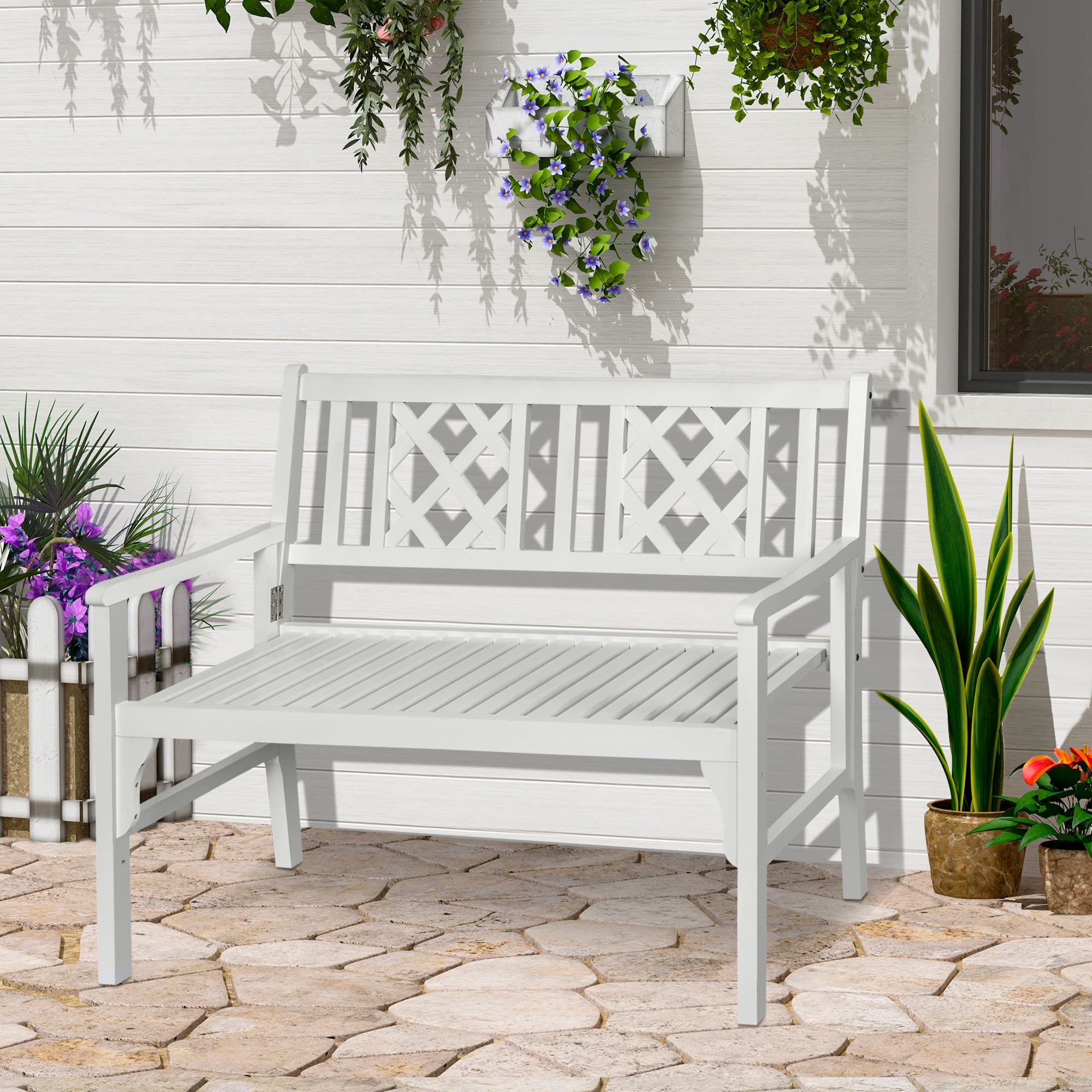 Outsunny 4FT Wooden Outdoor Garden Bench for 2, Portable Folding Loveseat 2-Seater Chair with Backrest, Armrests and Slat Seat, White