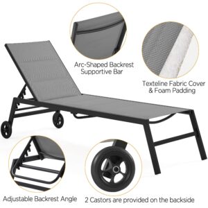 Yaheetech Outdoor Patio Chaise Lounge, All Weather Outdoor Lounge with Wheels, 5-Position Adjustable Recliner for Patio, Pool, Beach & Yard, Dark Gray