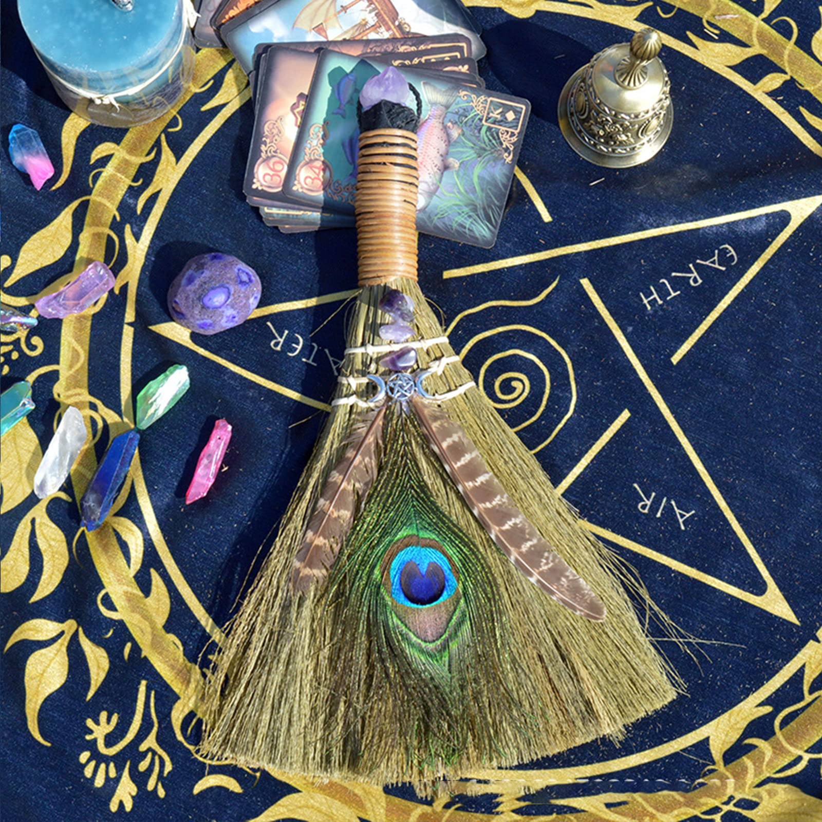 Wiccan Supplies and Tools Kit for Witch Spells Wicca Broom Decor Gifts, Witchcraft Supplies Broom for Beginners Witches Pagan Altar Decor, Handmade Ritual Broom for Magic Ceremonial (silver full moon)