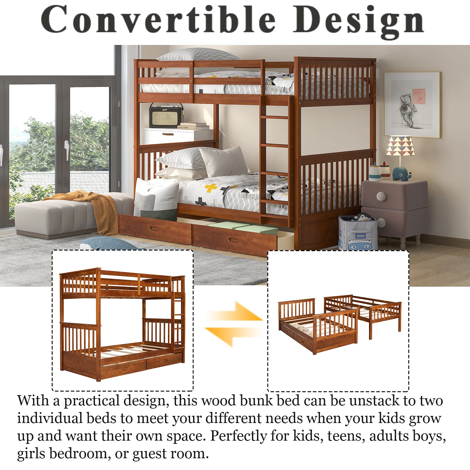 Harper & Bright Designs Twin Over Twin Bunk Beds with 2 Storage Drawers, Solid Wood Convertible Bunk Beds, Kids Twin Bunk Beds with Ladder, Safety Rail for Girls Boys Teens Adults,Walnut