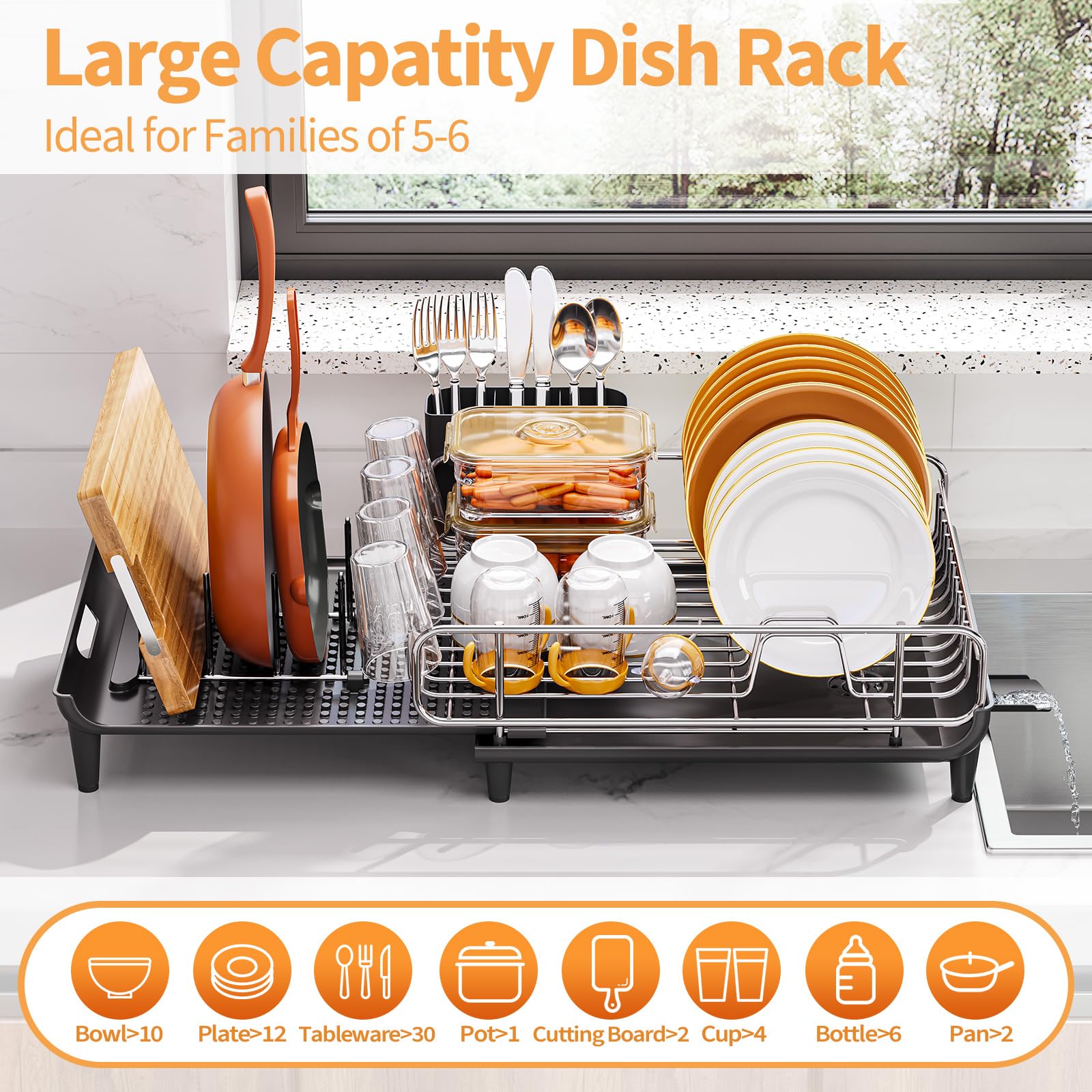 TOOLF Expandable Dish Drying Rack - Extendable Dish Rack for Kitchen Counter, Large Collapsible Countertop Dish Drainer with Pan & Pot Holder, Stainless Steel Dish Strainer with Cup & Utensil Holder