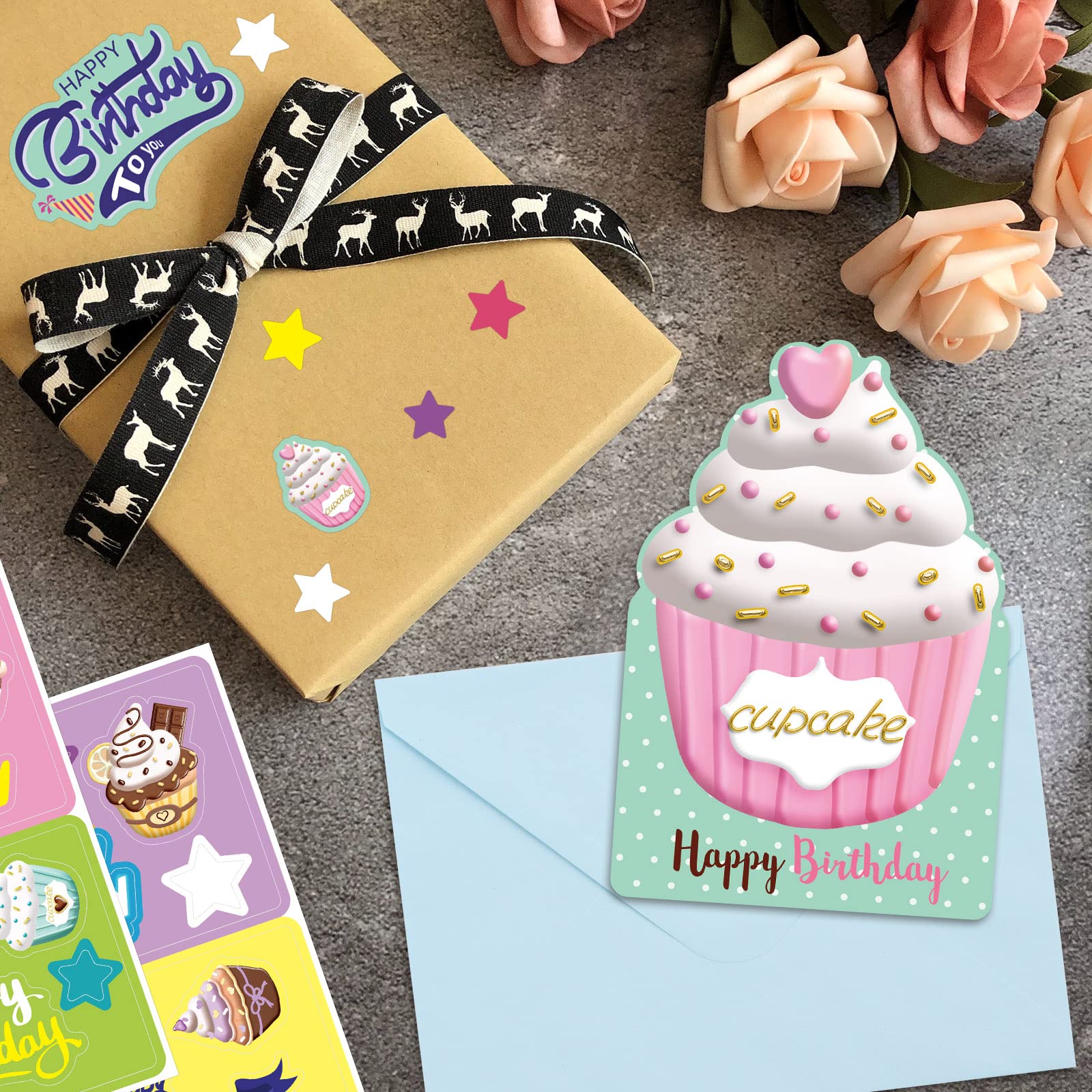 ceiba tree Birthday Cards 18 Pack Assortment Cupcake Shaped Greeting Card Notes DIY Happy Birthday Cards with Envelopes and Stickers