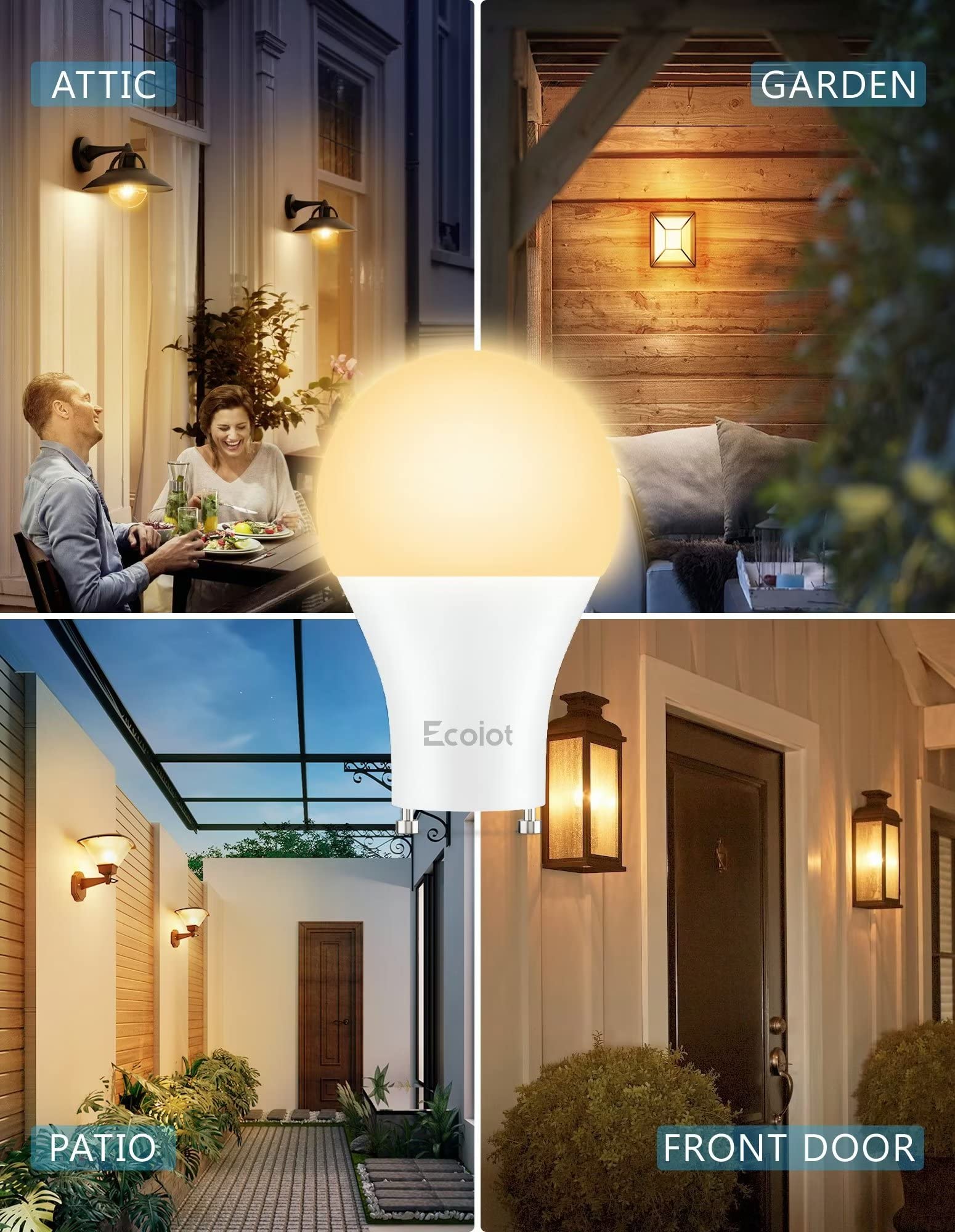 Ecoiot GU24 Dusk to Dawn Outdoor Light Bulbs,Light Sensor A19 LED Bulbs,Photocell Sensor, Automatic On/Off for Indoor/Outdoor Security Lighting,10Watt(90Watt Equivalent),2700K Soft White,4 Pack