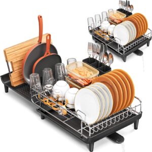 TOOLF Expandable Dish Drying Rack - Extendable Dish Rack for Kitchen Counter, Large Collapsible Countertop Dish Drainer with Pan & Pot Holder, Stainless Steel Dish Strainer with Cup & Utensil Holder